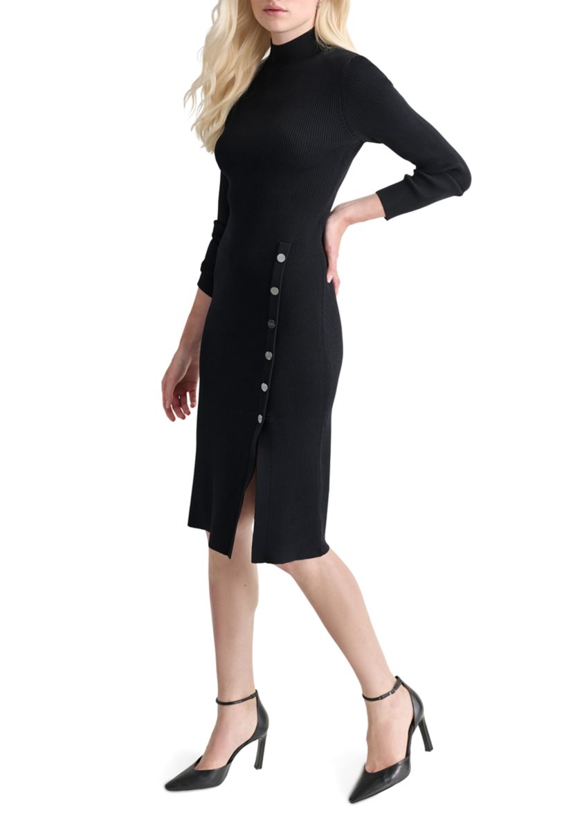 Womens Solid Mock Neck A-Line Button Dress