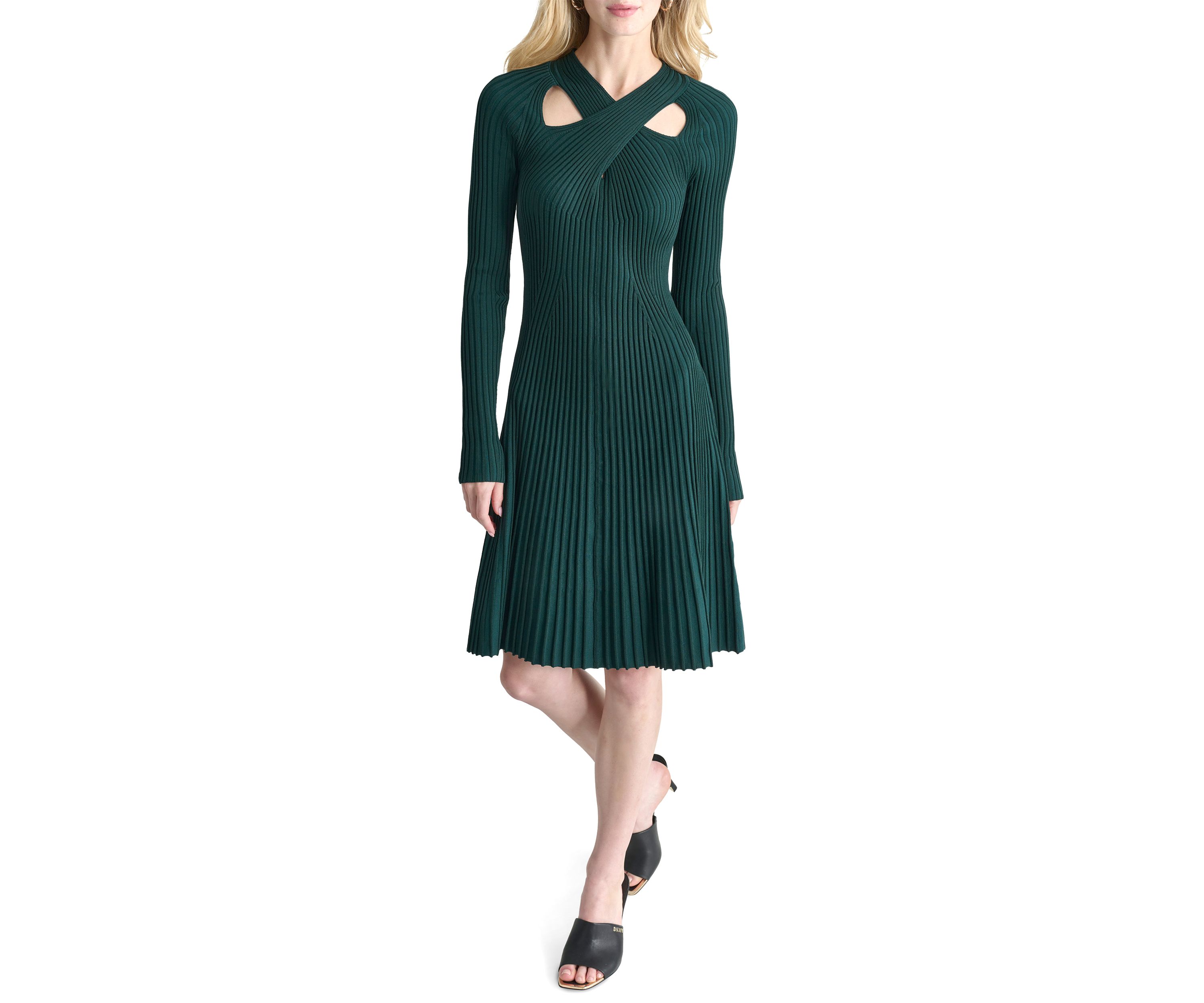 Womens V-Neck Cut Out Detail Pleated A-Line Dress
