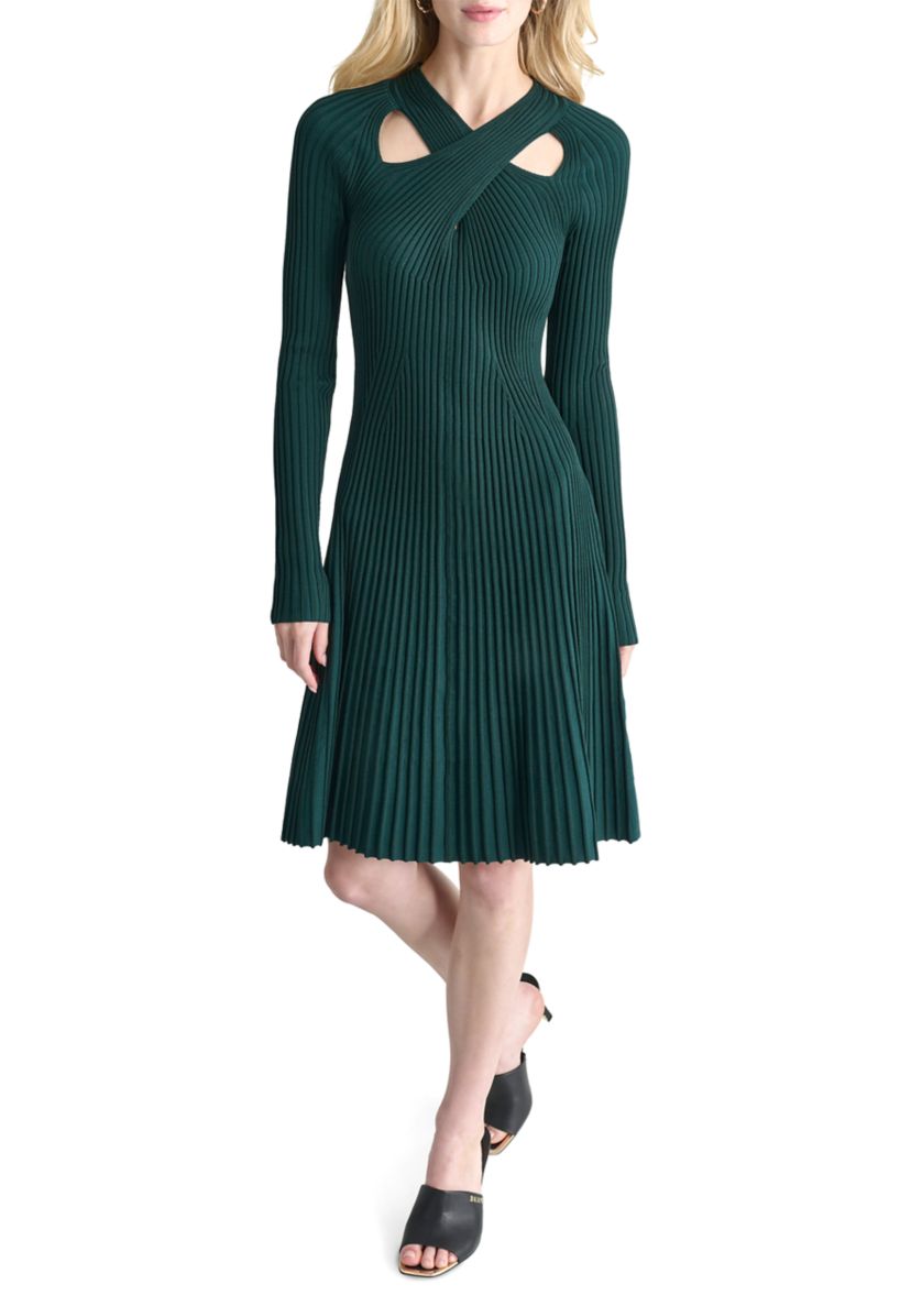 Womens V-Neck Cut Out Detail Pleated A-Line Dress