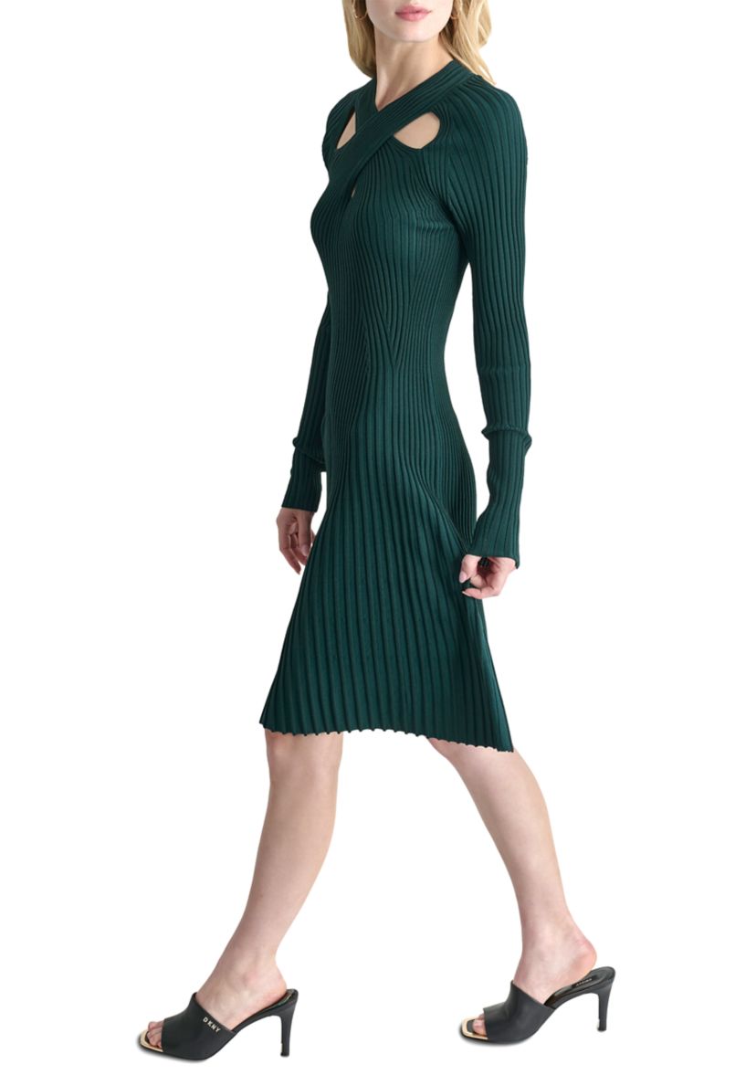 Womens V-Neck Cut Out Detail Pleated A-Line Dress