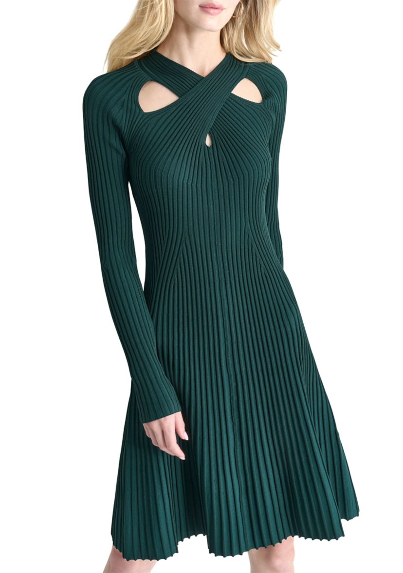Womens V-Neck Cut Out Detail Pleated A-Line Dress