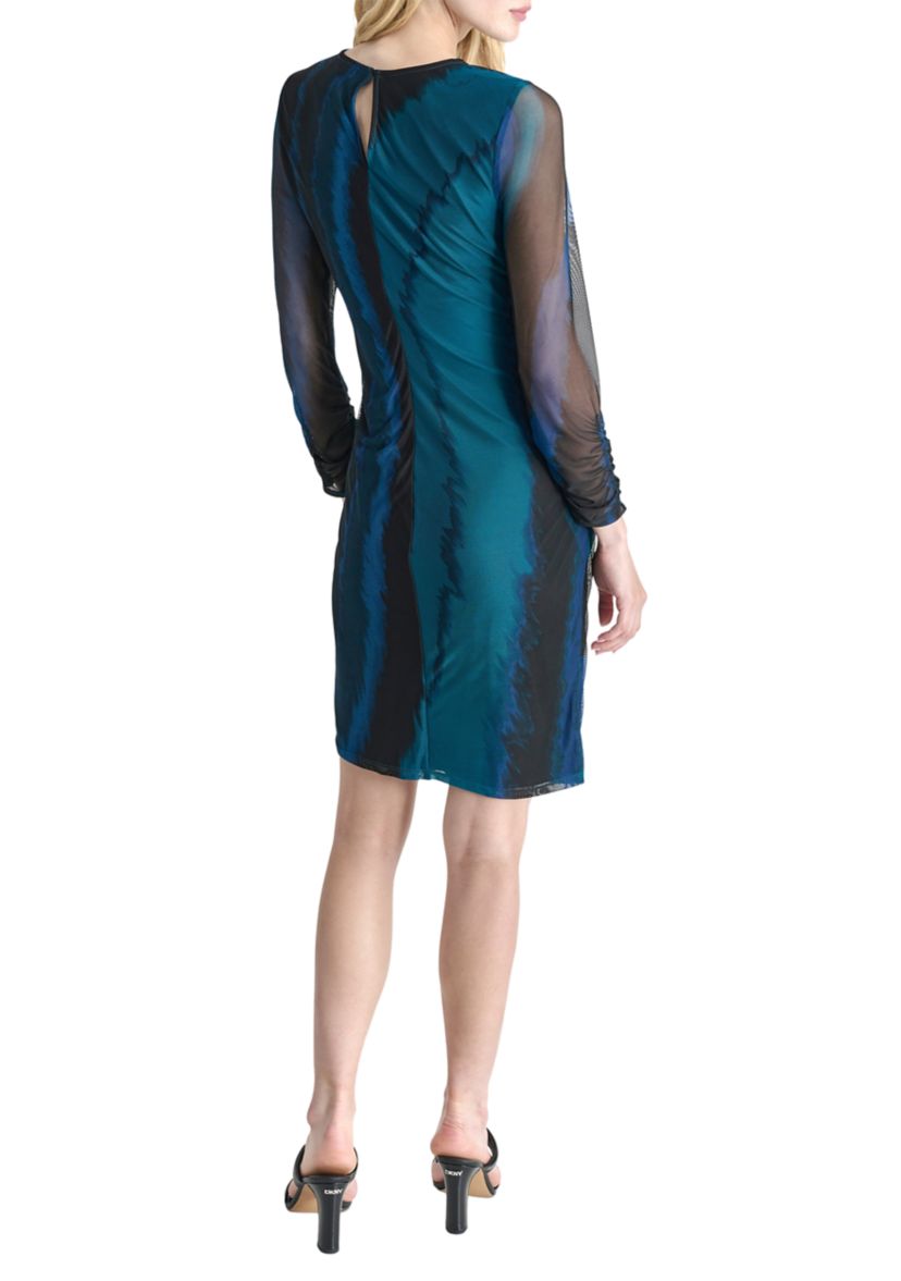 Womens Printed Mesh Scrunch Sheath Dress