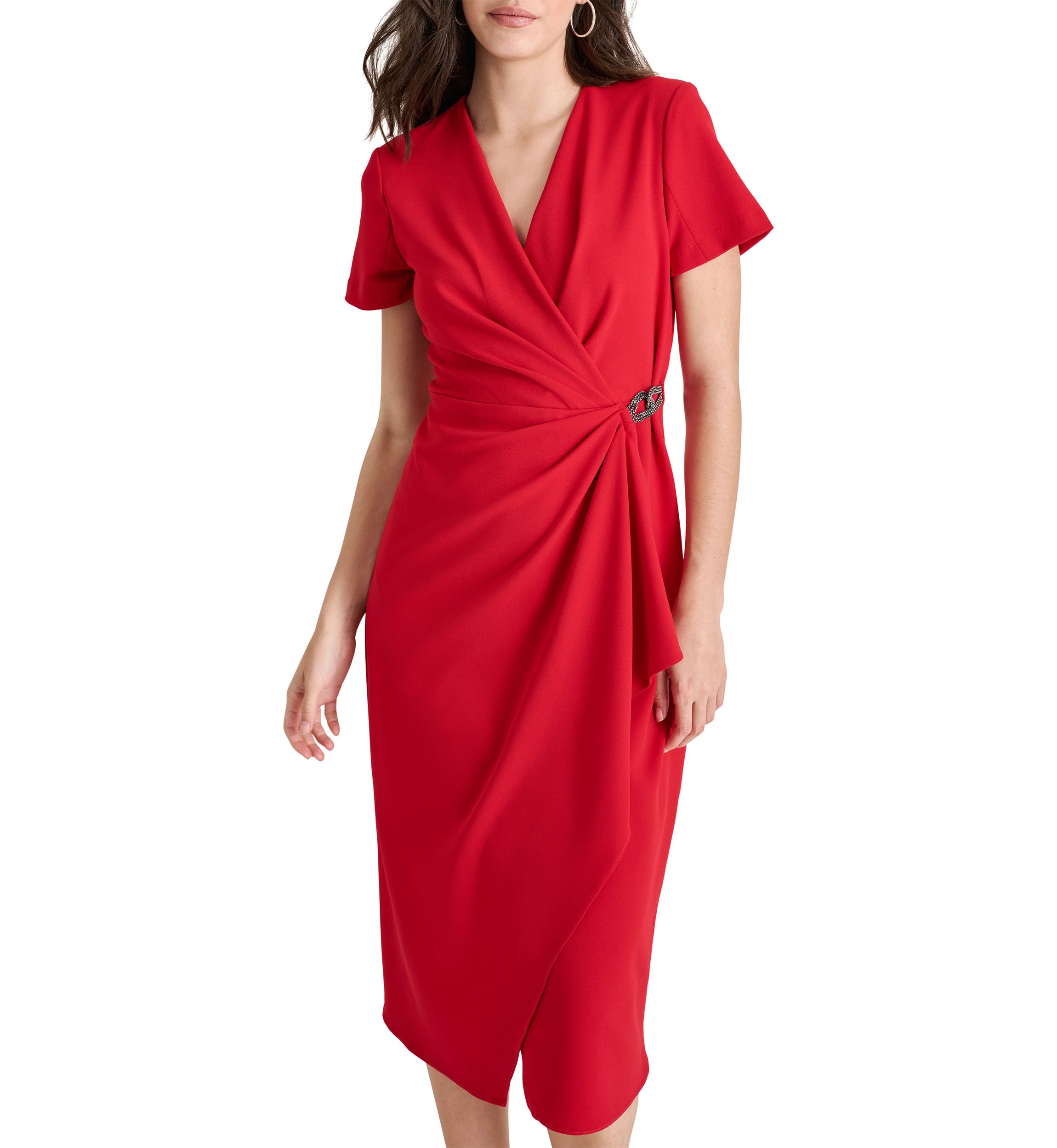 Womens Short Sleeve V-Neck Wrap Midi Dress 