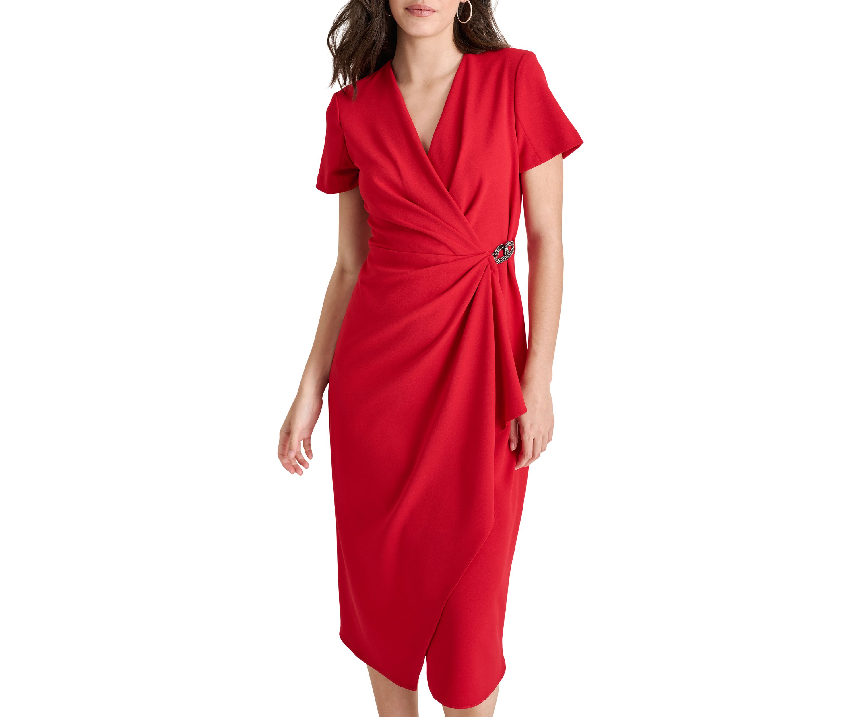 Womens Short Sleeve V-Neck Wrap Midi Dress 
