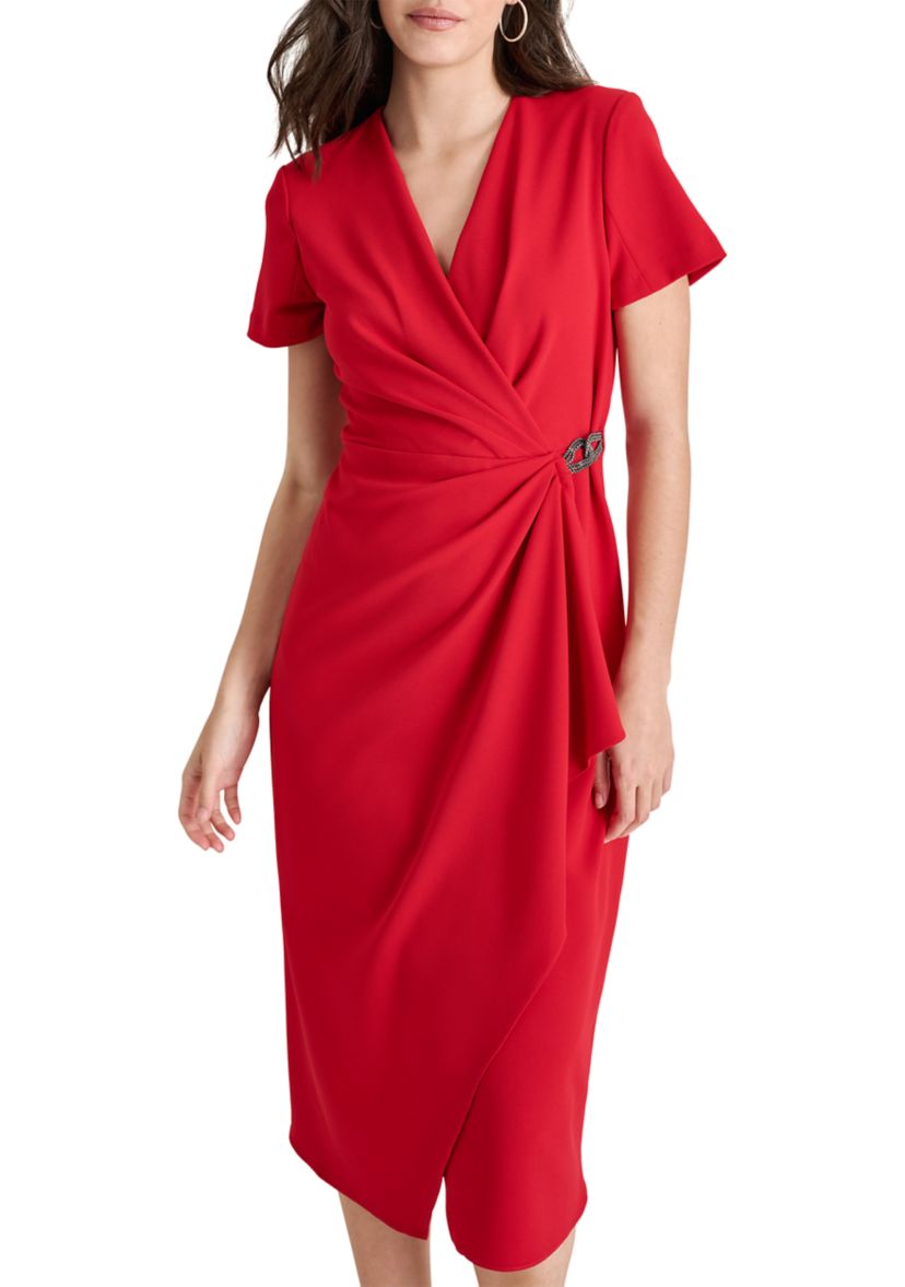 Womens Short Sleeve V-Neck Wrap Midi Dress 