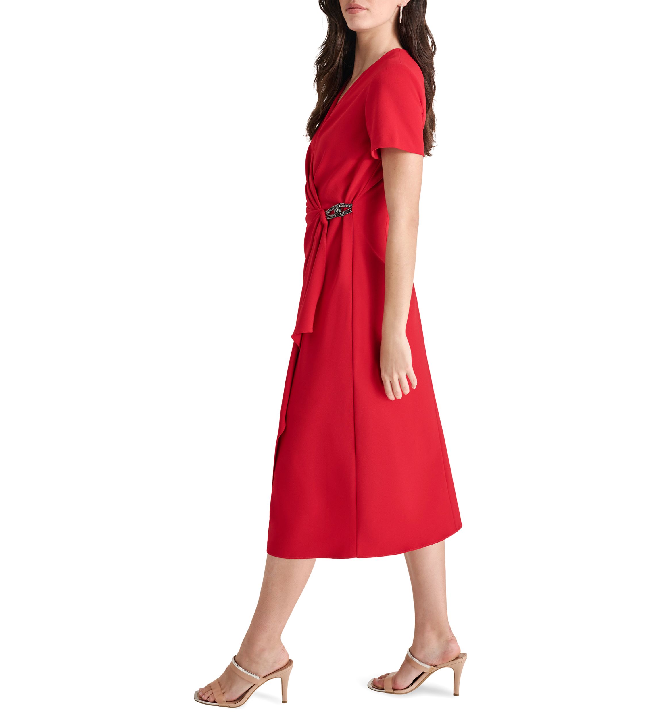 Womens Short Sleeve V-Neck Wrap Midi Dress 