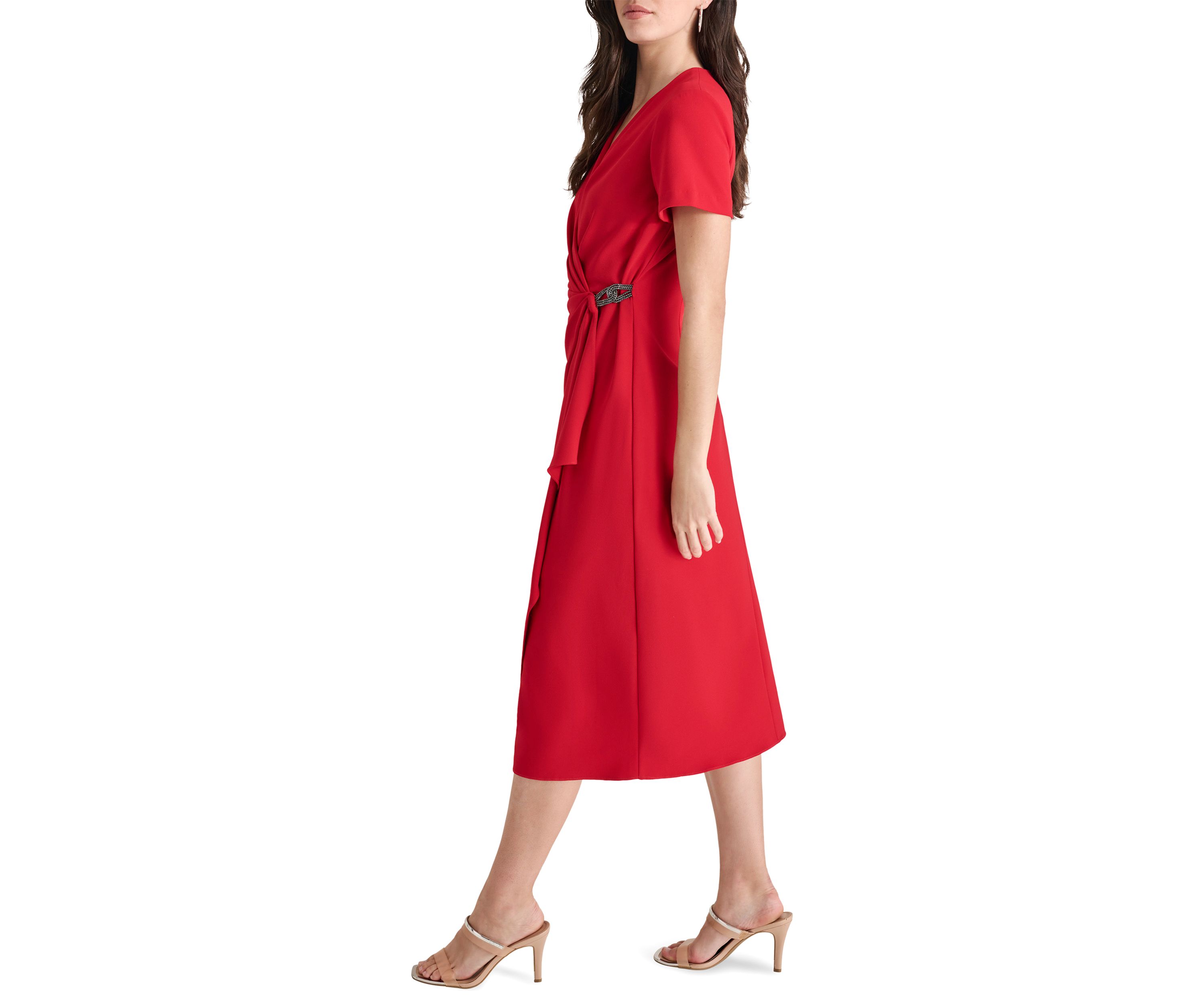 Womens Short Sleeve V-Neck Wrap Midi Dress 