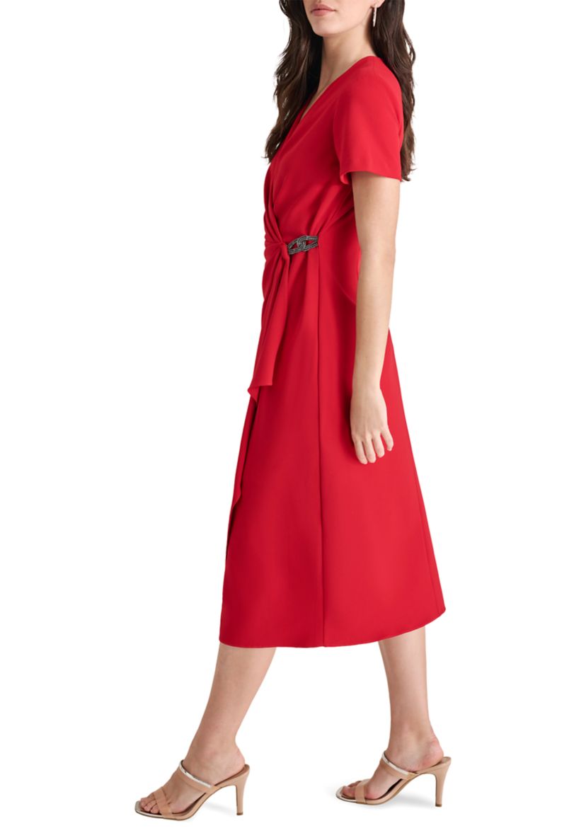 Womens Short Sleeve V-Neck Wrap Midi Dress 
