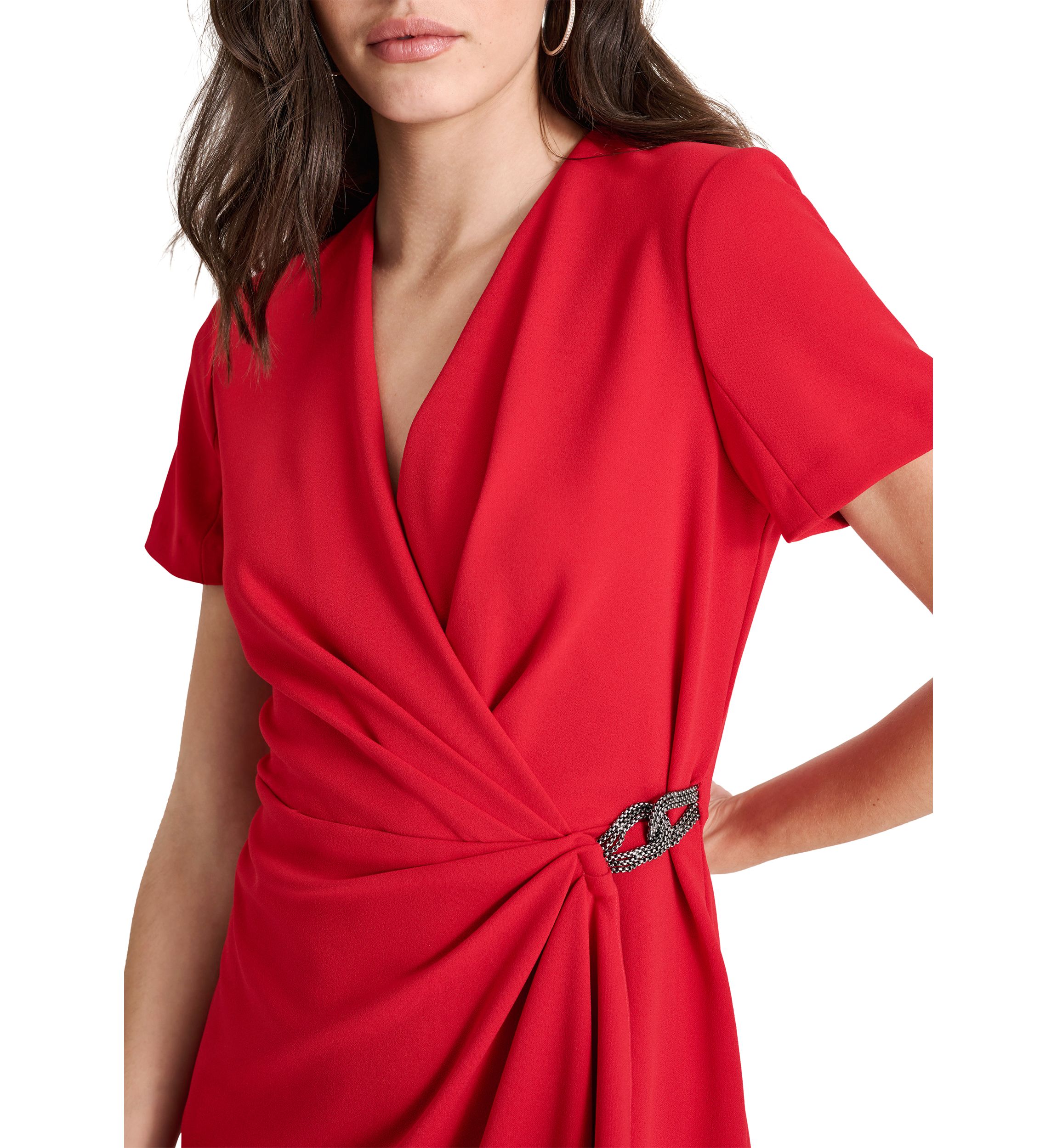 Womens Short Sleeve V-Neck Wrap Midi Dress 