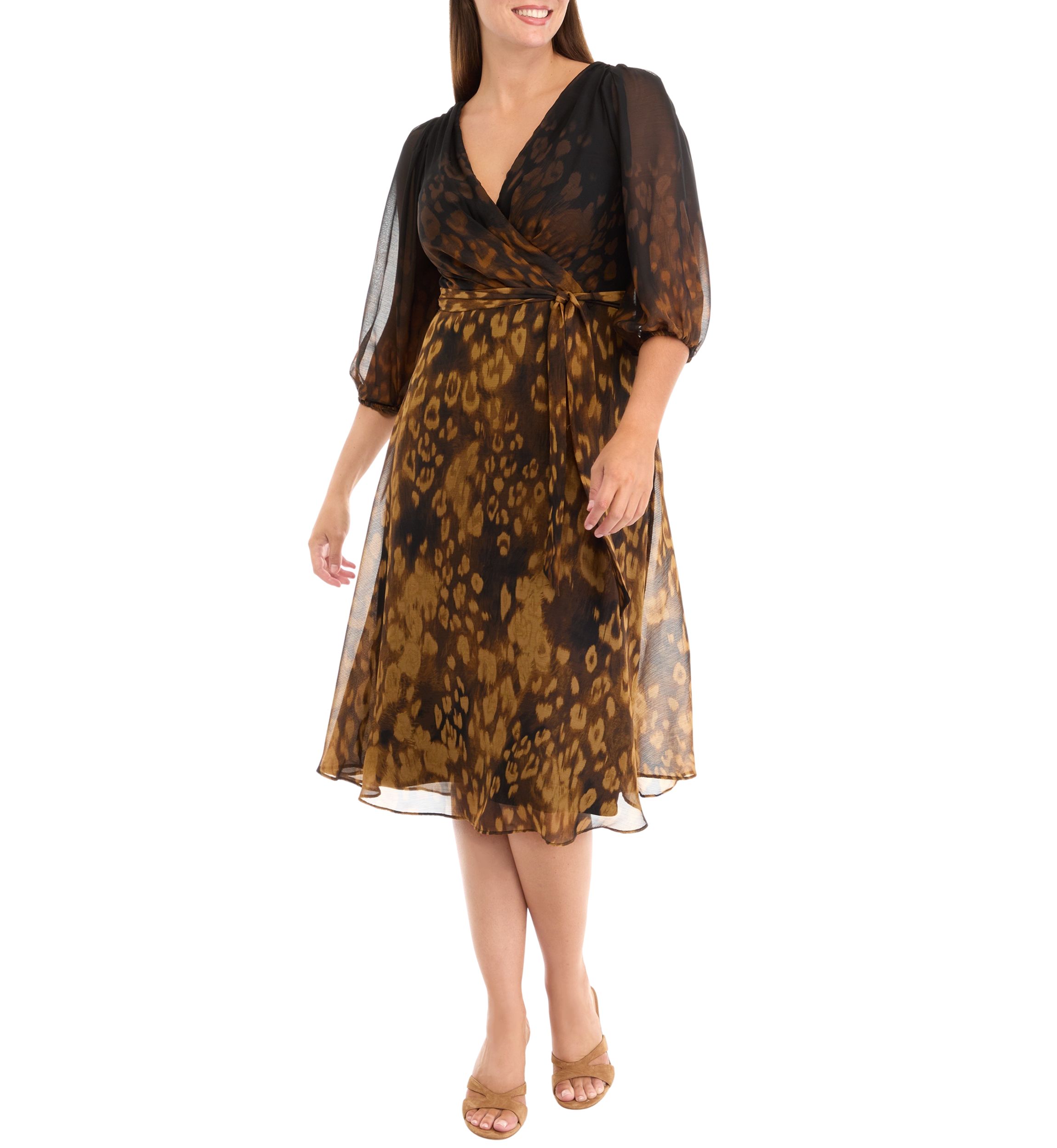 Womens 3/4 Mesh Sleeve Animal Print V-Neck A-Line Dress