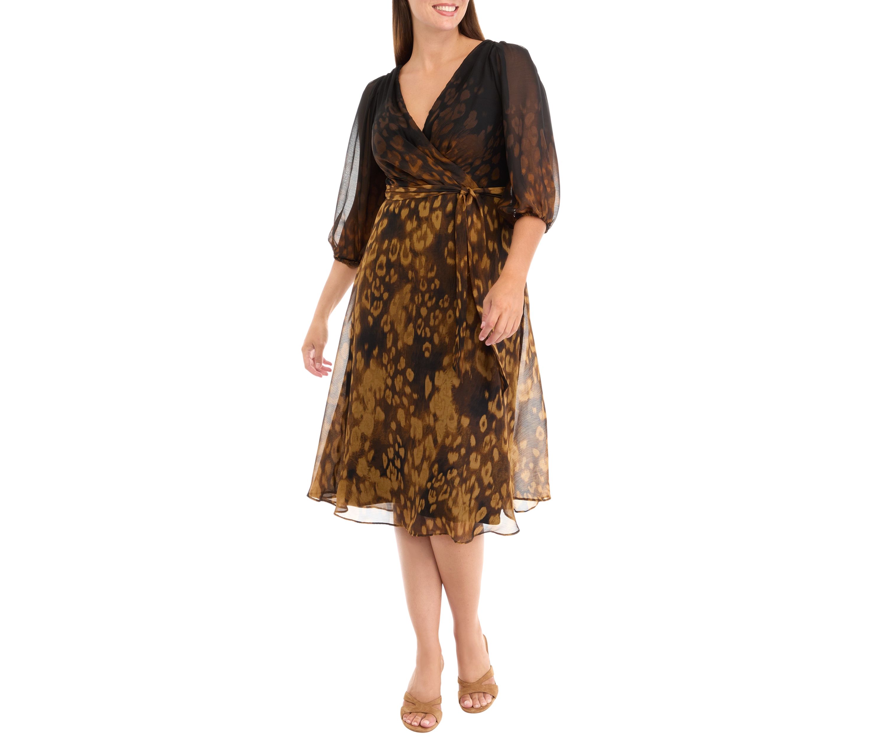 Womens 3/4 Mesh Sleeve Animal Print V-Neck A-Line Dress