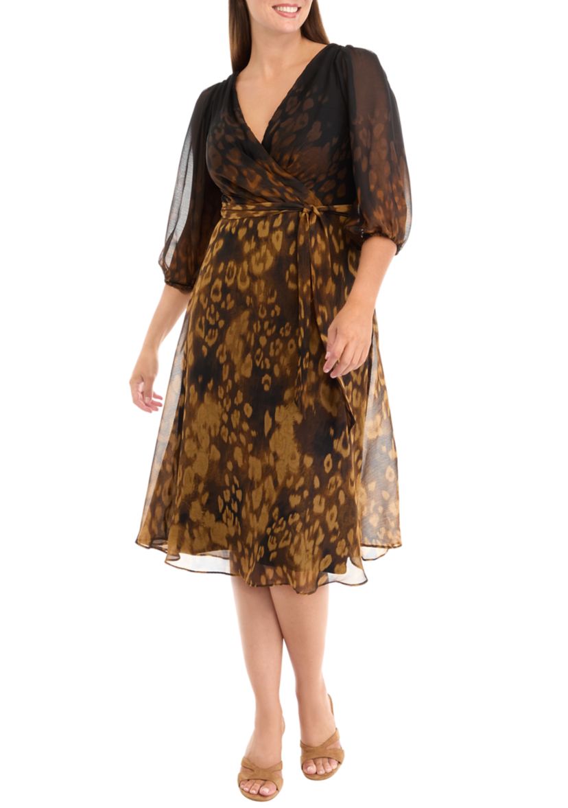 Womens 3/4 Mesh Sleeve Animal Print V-Neck A-Line Dress