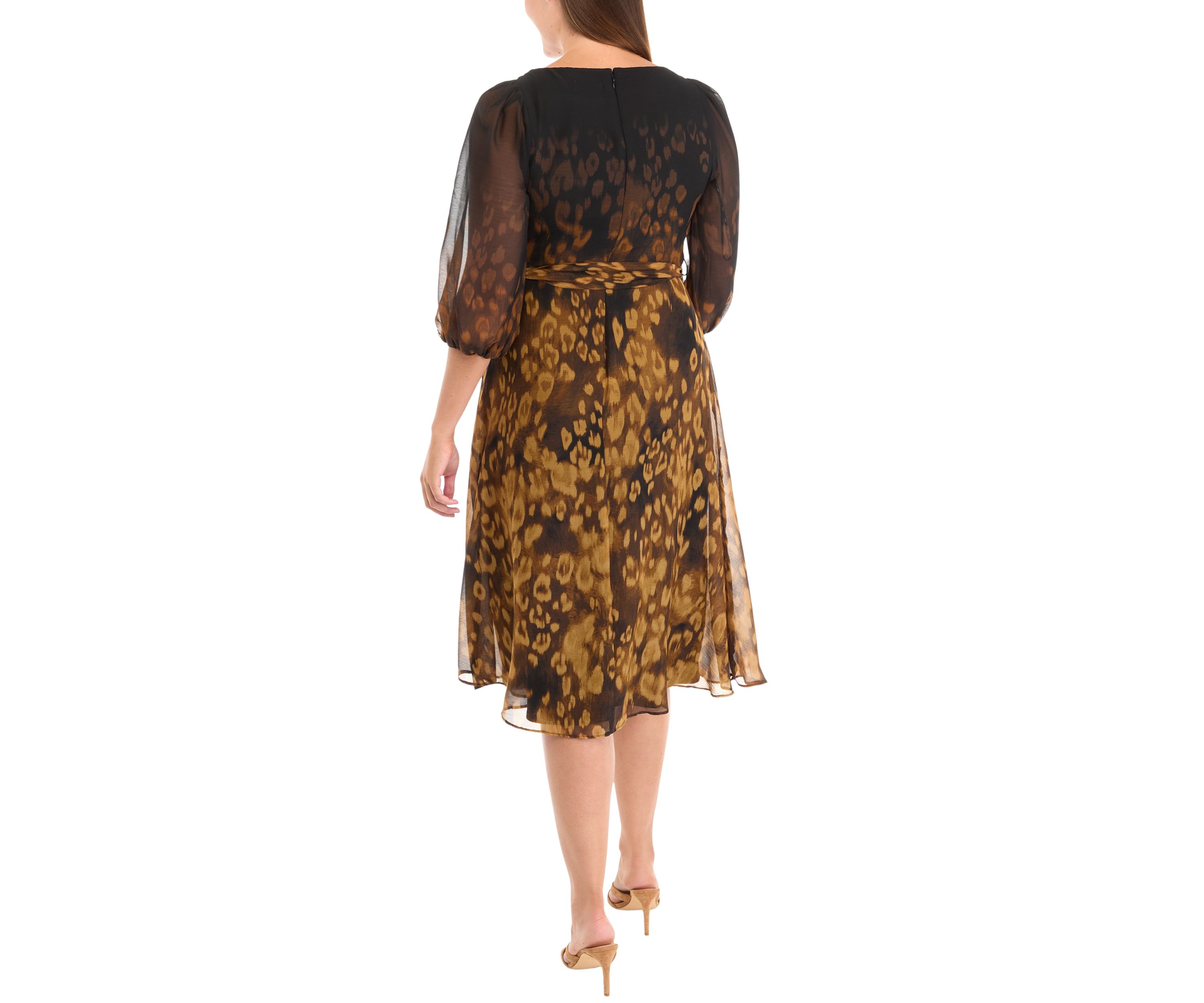 Womens 3/4 Mesh Sleeve Animal Print V-Neck A-Line Dress
