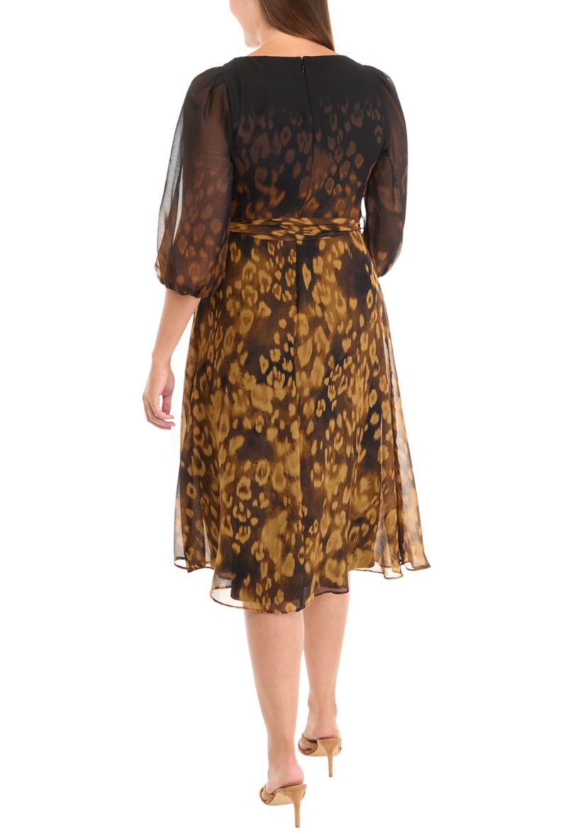 Womens 3/4 Mesh Sleeve Animal Print V-Neck A-Line Dress