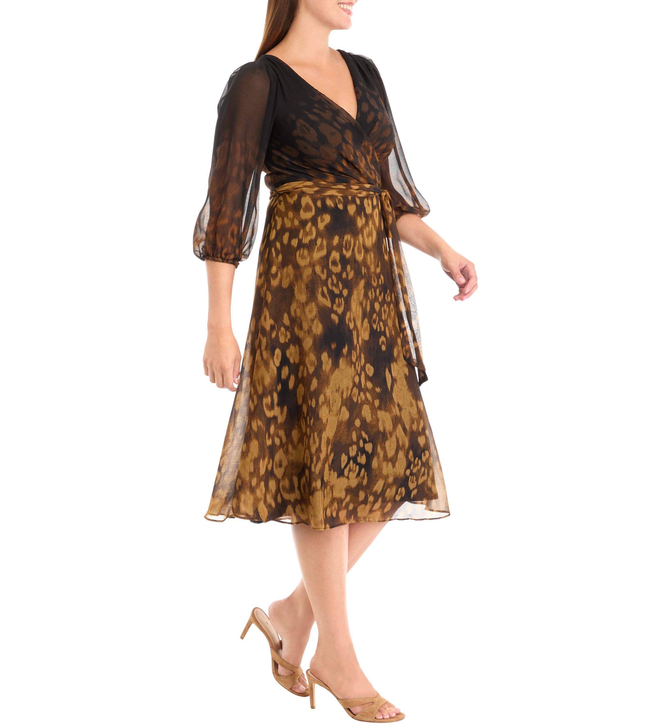 Womens 3/4 Mesh Sleeve Animal Print V-Neck A-Line Dress