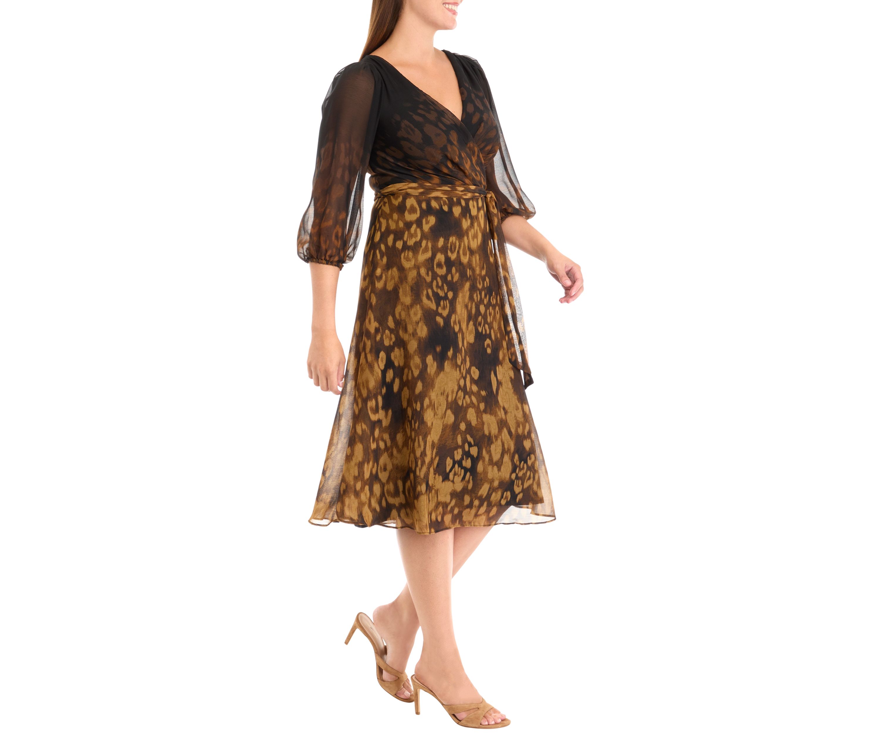 Womens 3/4 Mesh Sleeve Animal Print V-Neck A-Line Dress