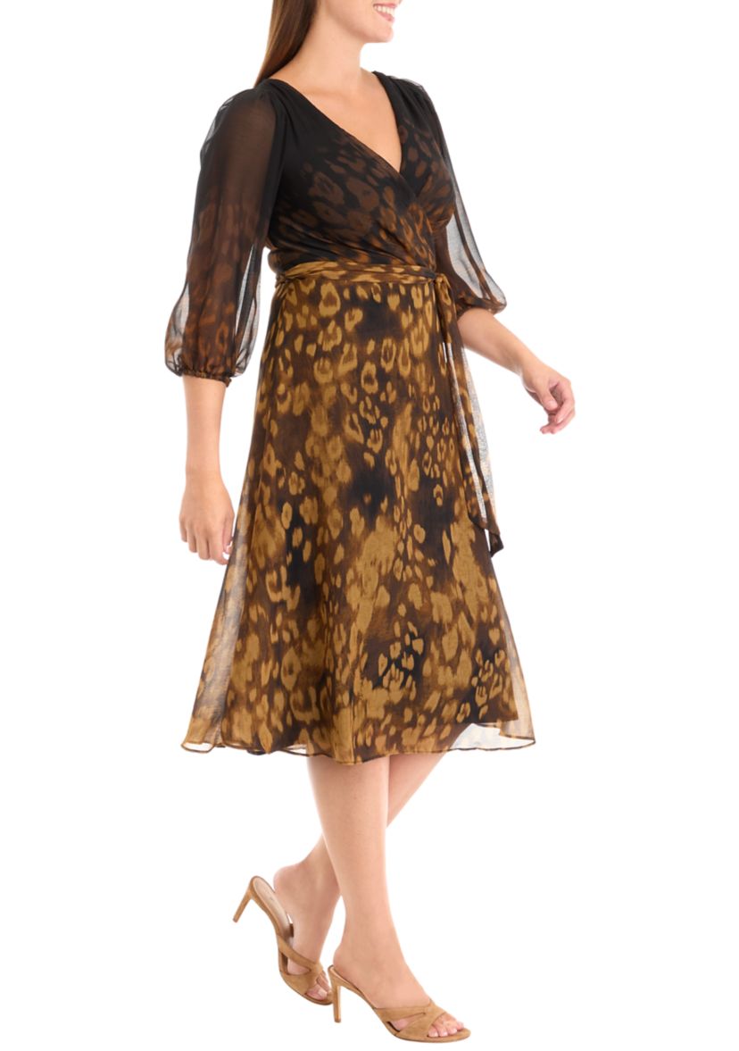 Womens 3/4 Mesh Sleeve Animal Print V-Neck A-Line Dress