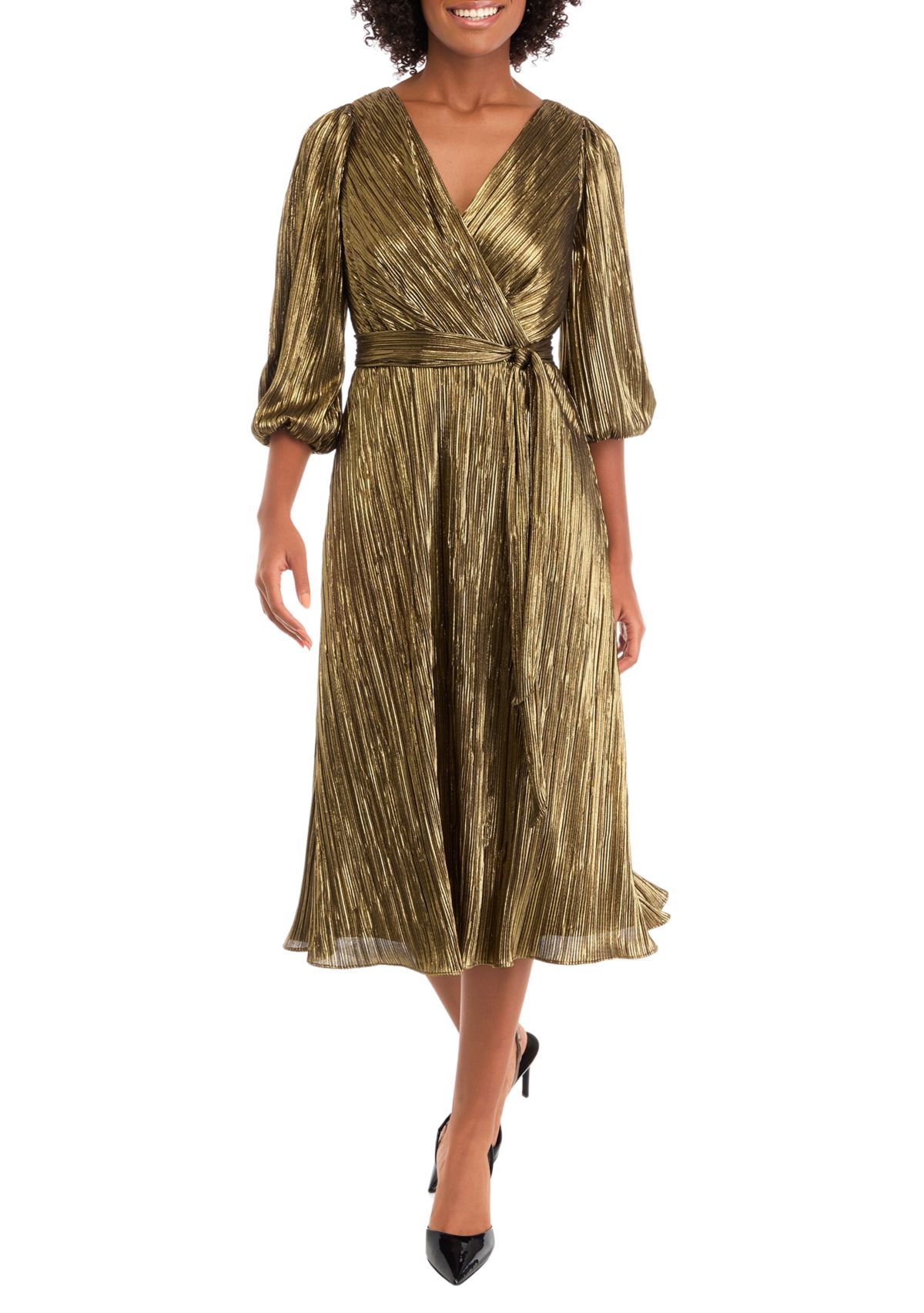 Womens 3/4 Puff Sleeve V-Neck Belted Fit and Flare Dress