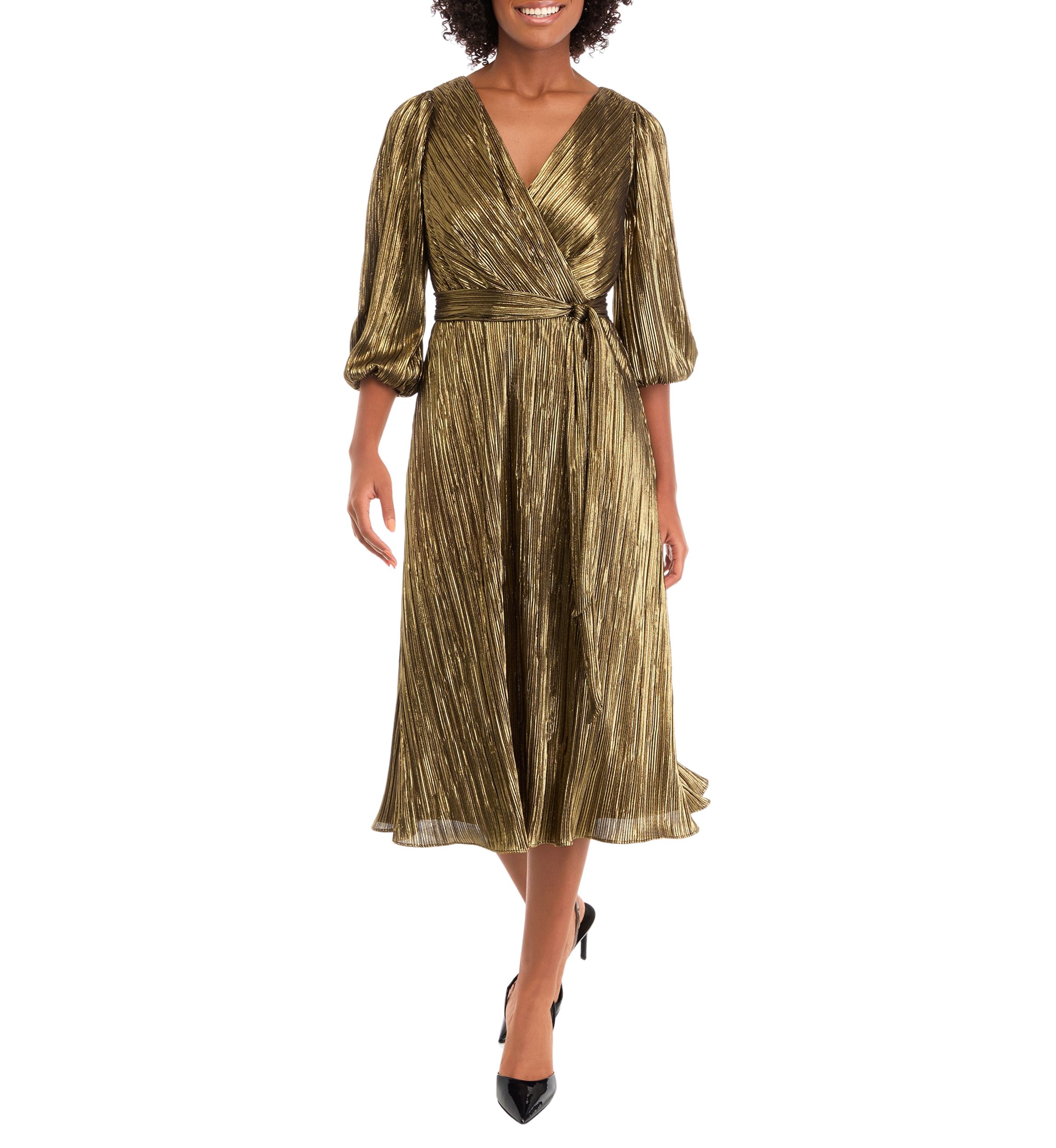 Womens 3/4 Puff Sleeve V-Neck Belted Fit and Flare Dress