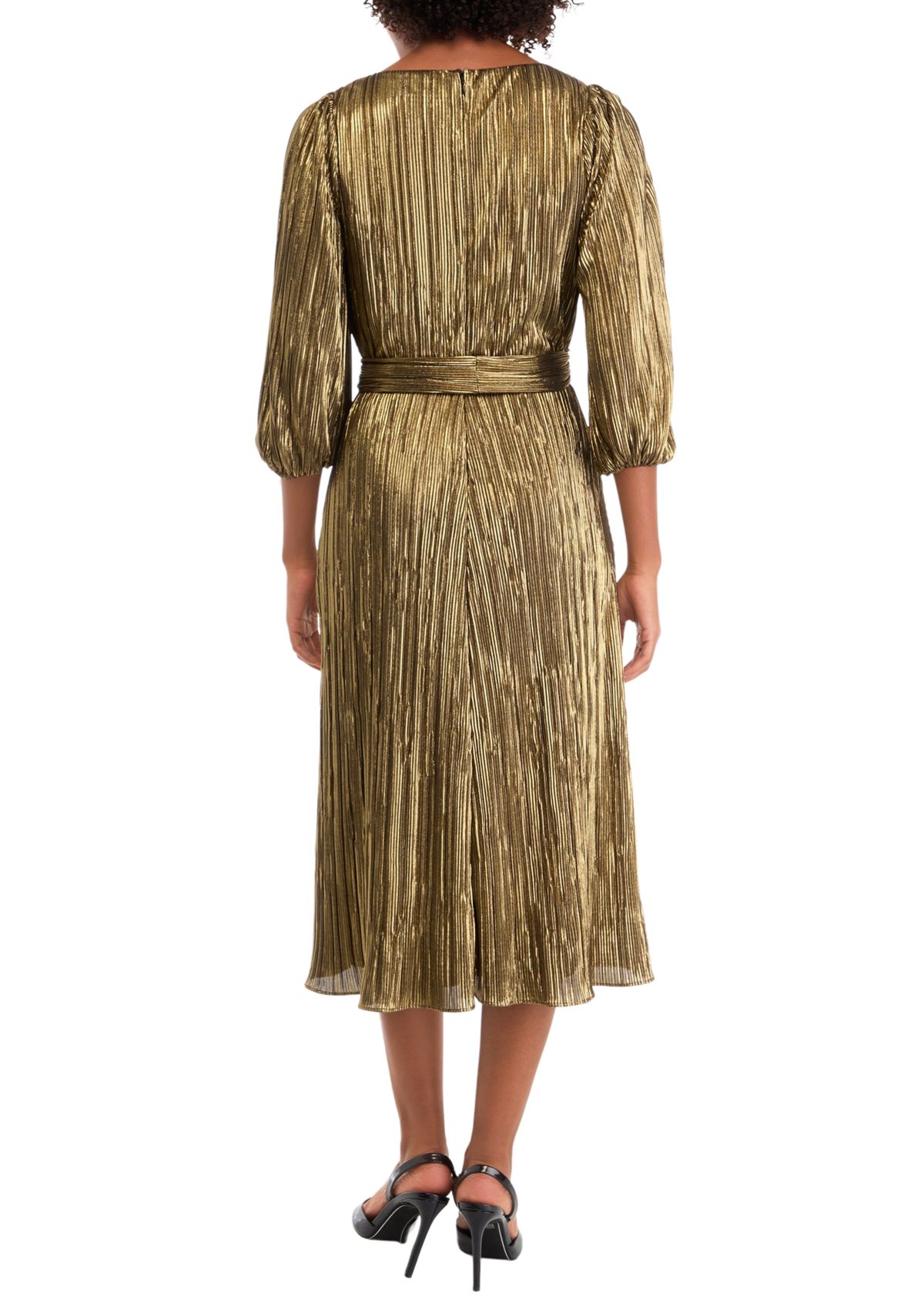 Womens 3/4 Puff Sleeve V-Neck Belted Fit and Flare Dress