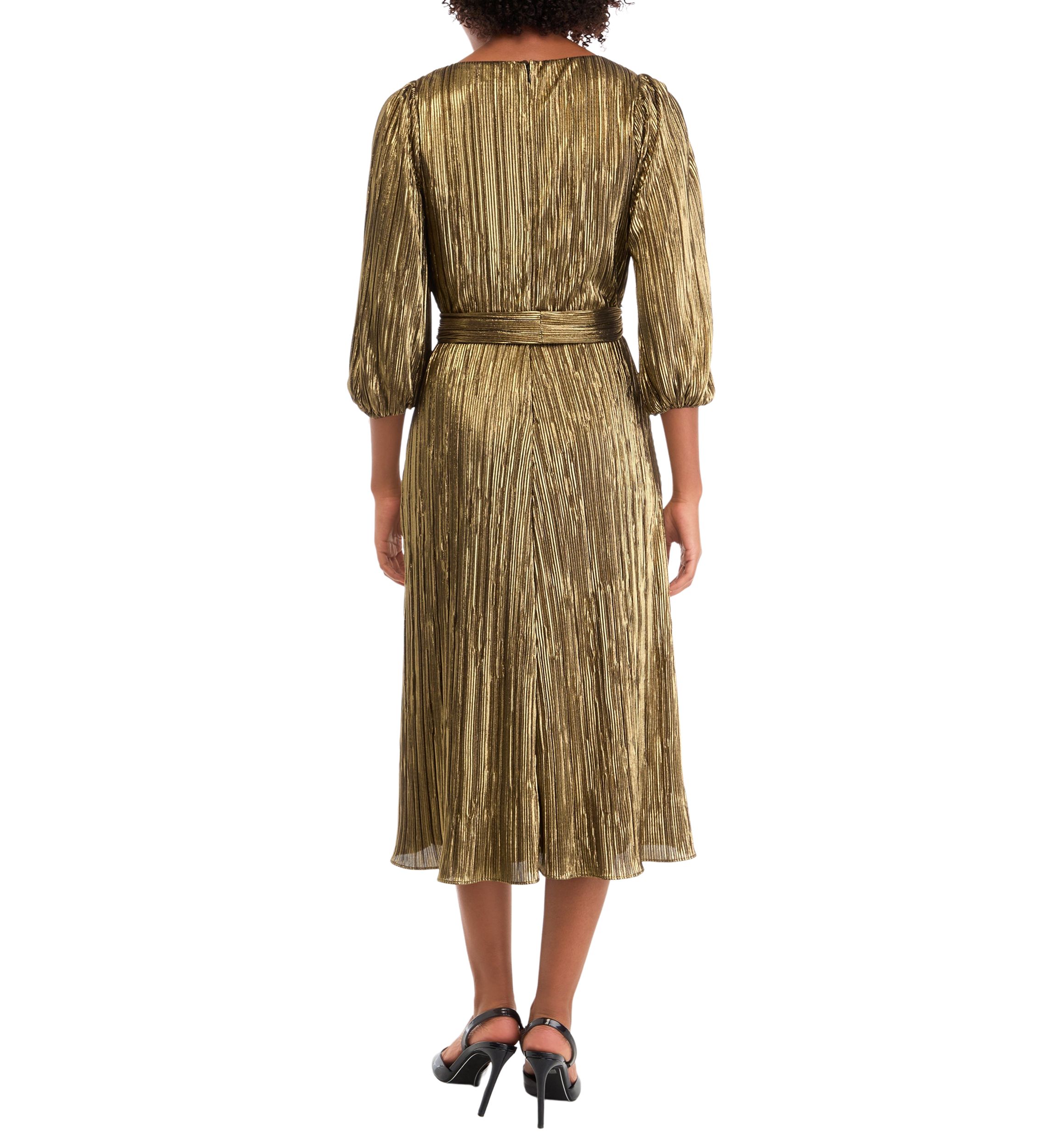 Womens 3/4 Puff Sleeve V-Neck Belted Fit and Flare Dress
