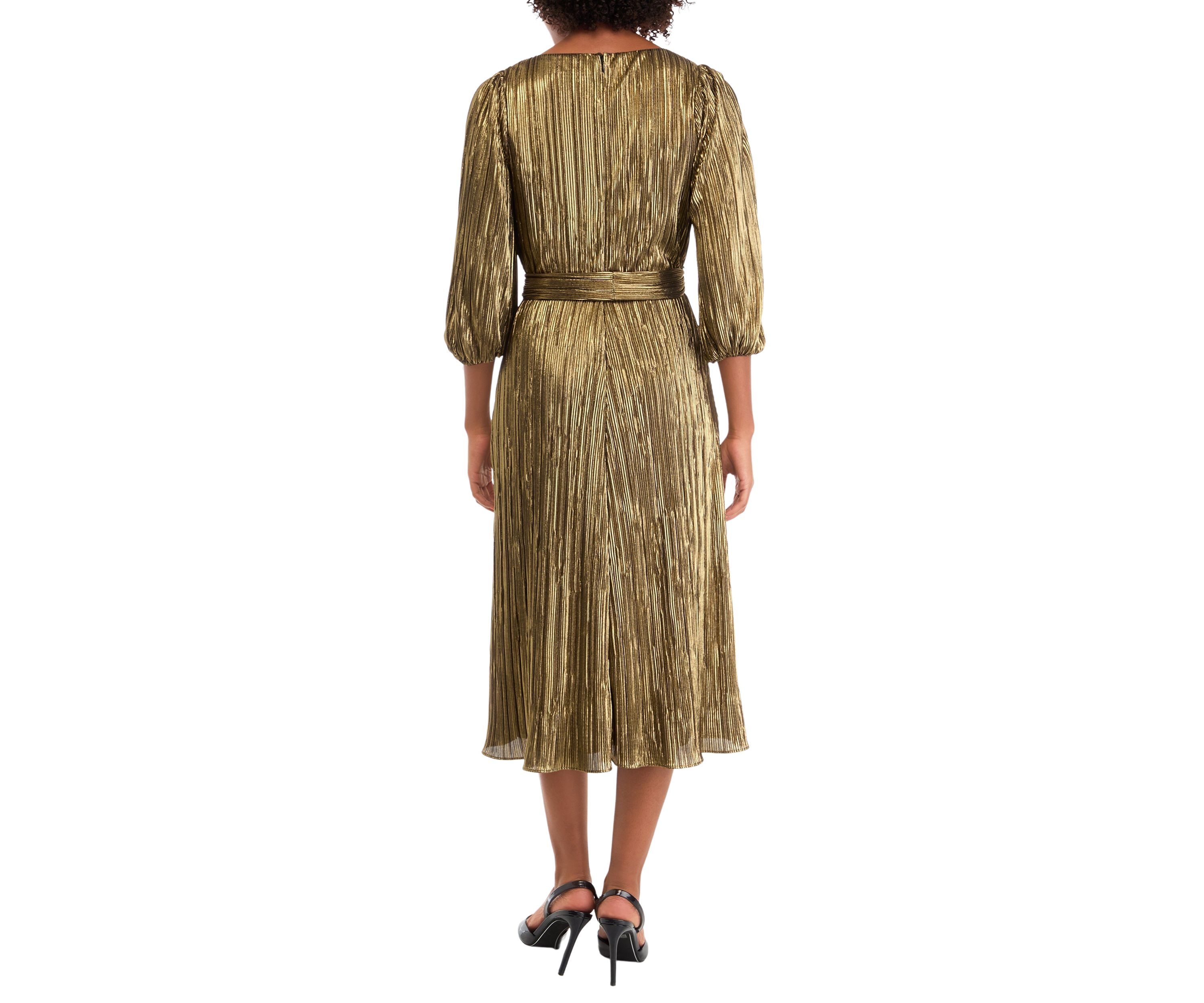 Womens 3/4 Puff Sleeve V-Neck Belted Fit and Flare Dress