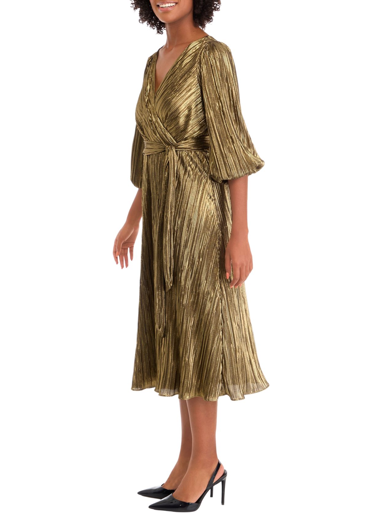 Womens 3/4 Puff Sleeve V-Neck Belted Fit and Flare Dress