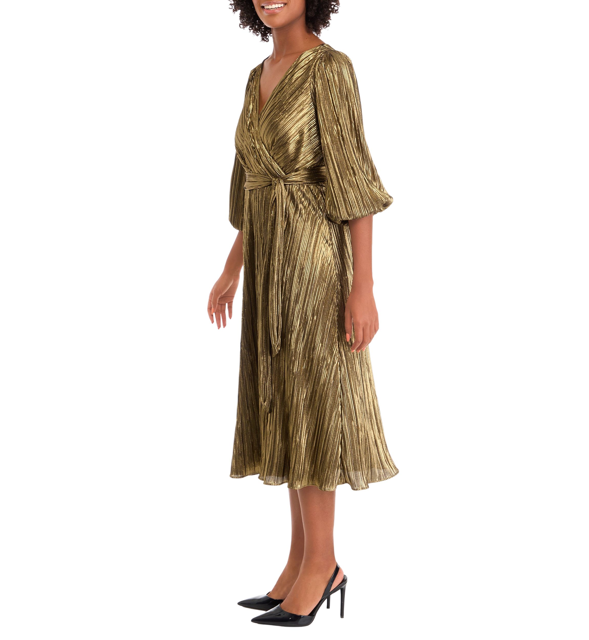 Womens 3/4 Puff Sleeve V-Neck Belted Fit and Flare Dress