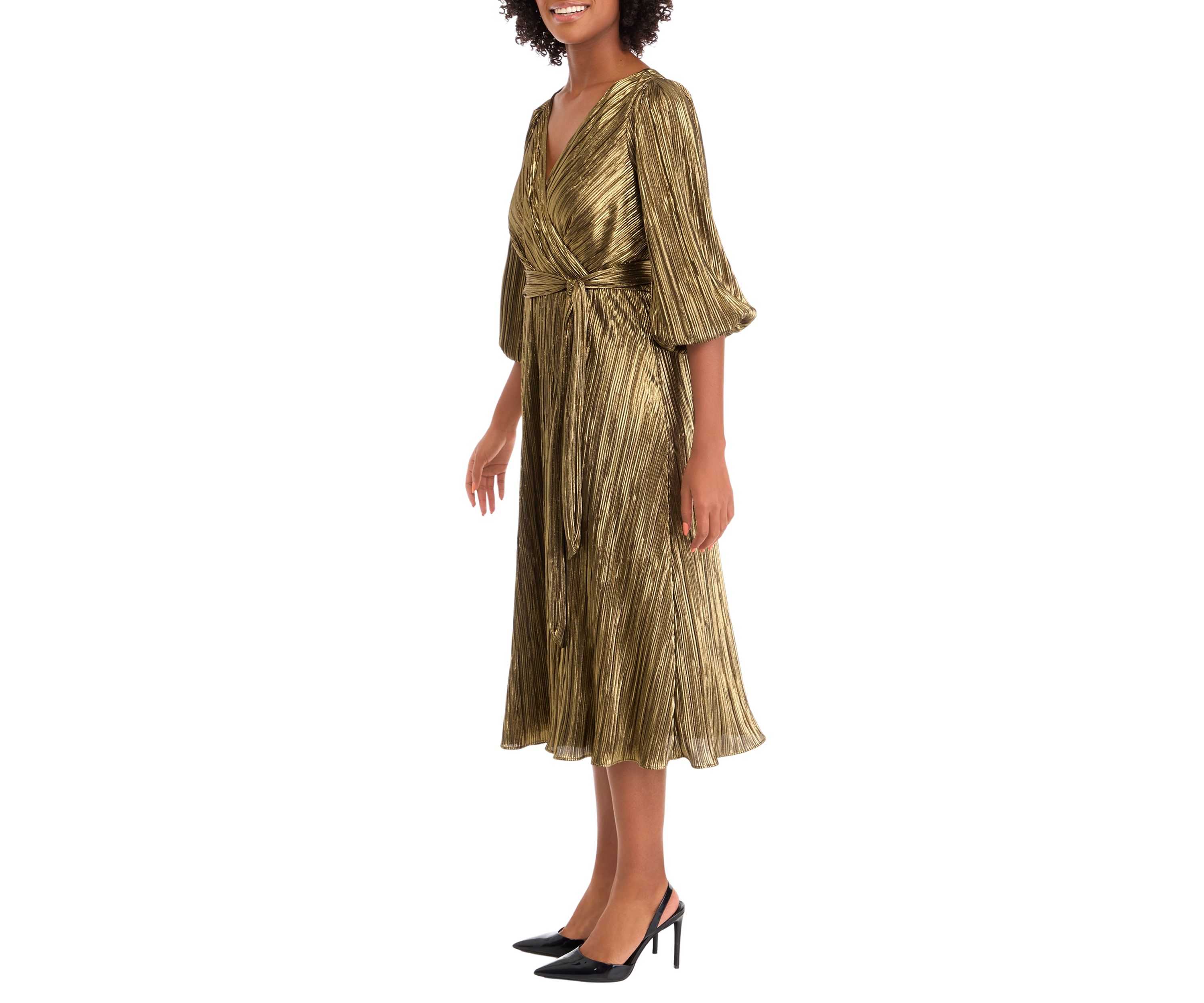 Womens 3/4 Puff Sleeve V-Neck Belted Fit and Flare Dress