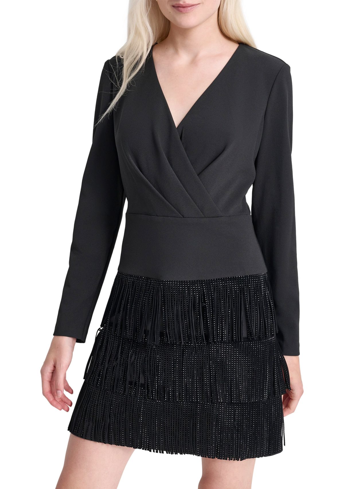 Womens Long Sleeve V-Neck Solid Fringe Sheath Dress