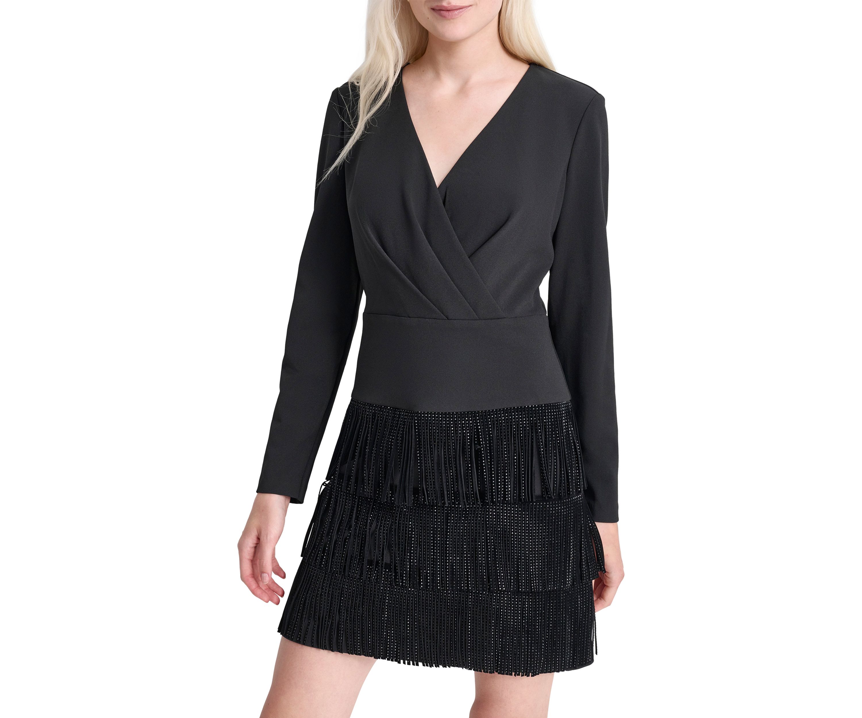 Womens Long Sleeve V-Neck Solid Fringe Sheath Dress