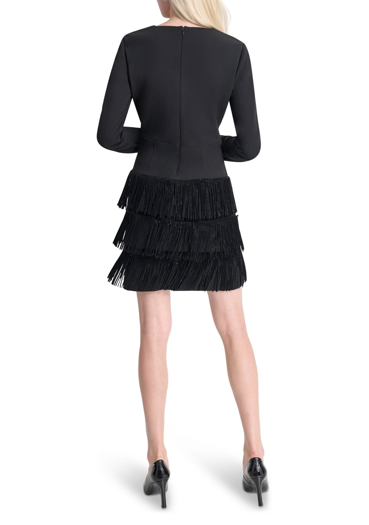 Womens Long Sleeve V-Neck Solid Fringe Sheath Dress