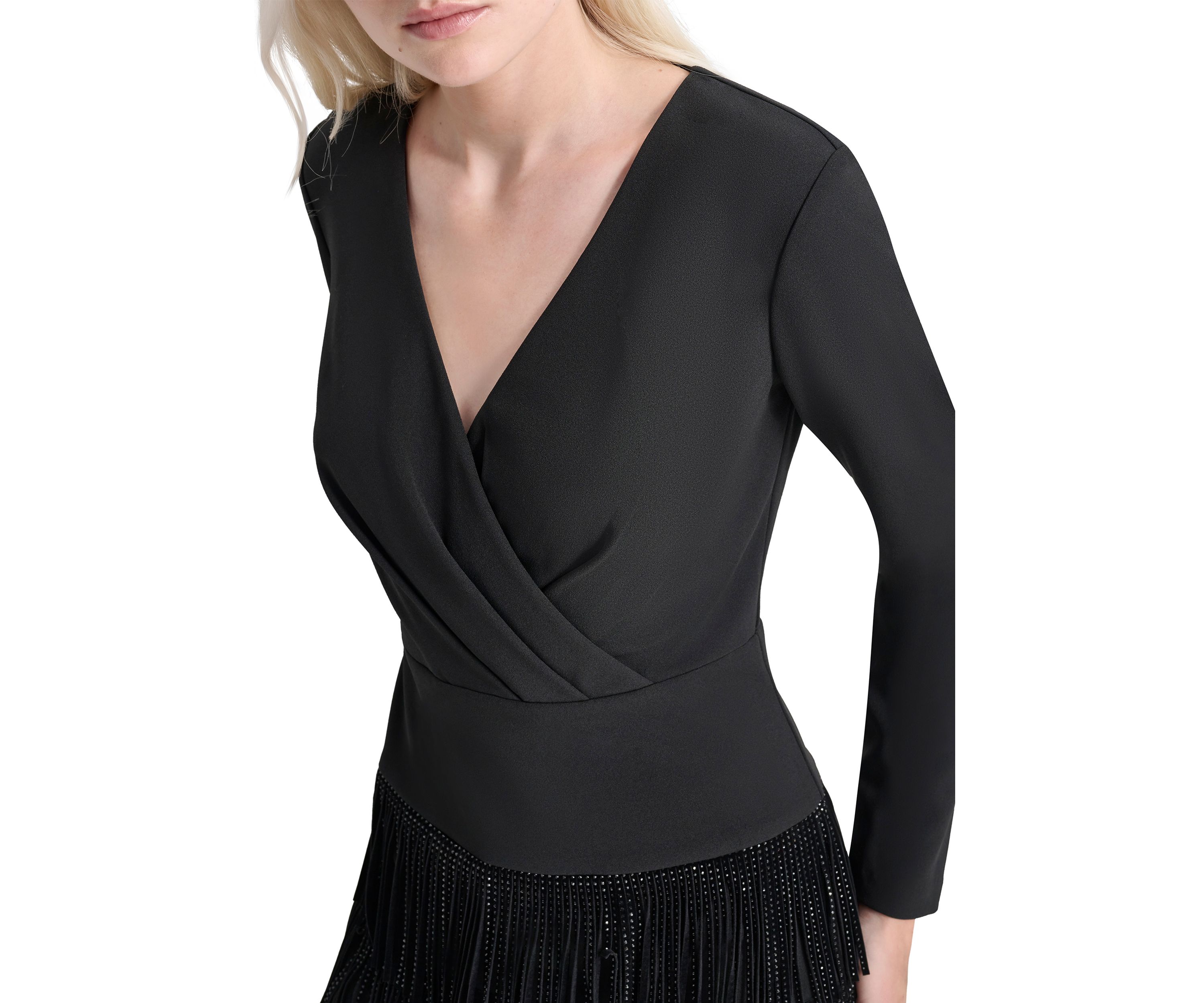Womens Long Sleeve V-Neck Solid Fringe Sheath Dress