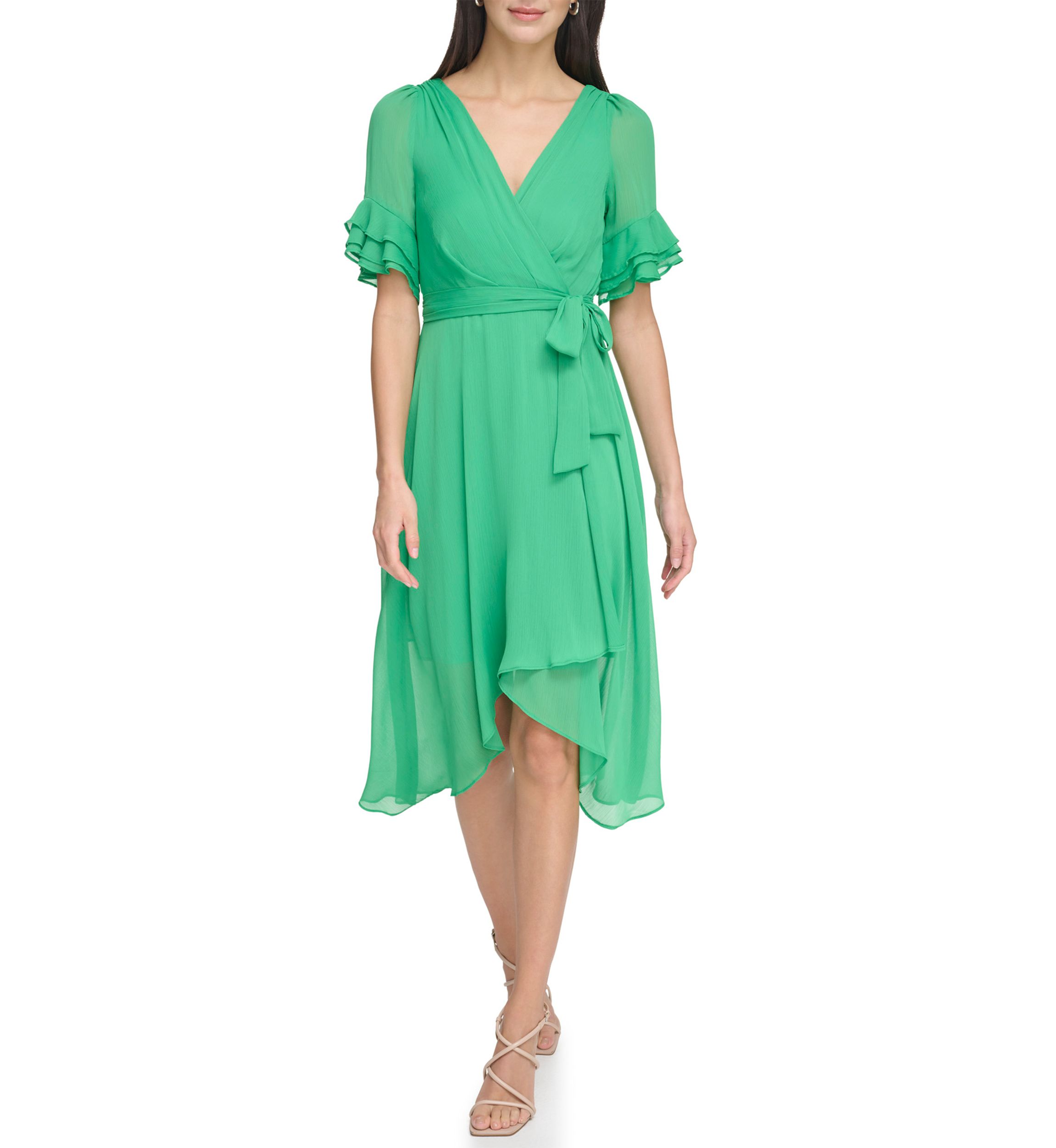 Womens Ruffle Detailed Tie Waist Solid Fit and Flare Dress
