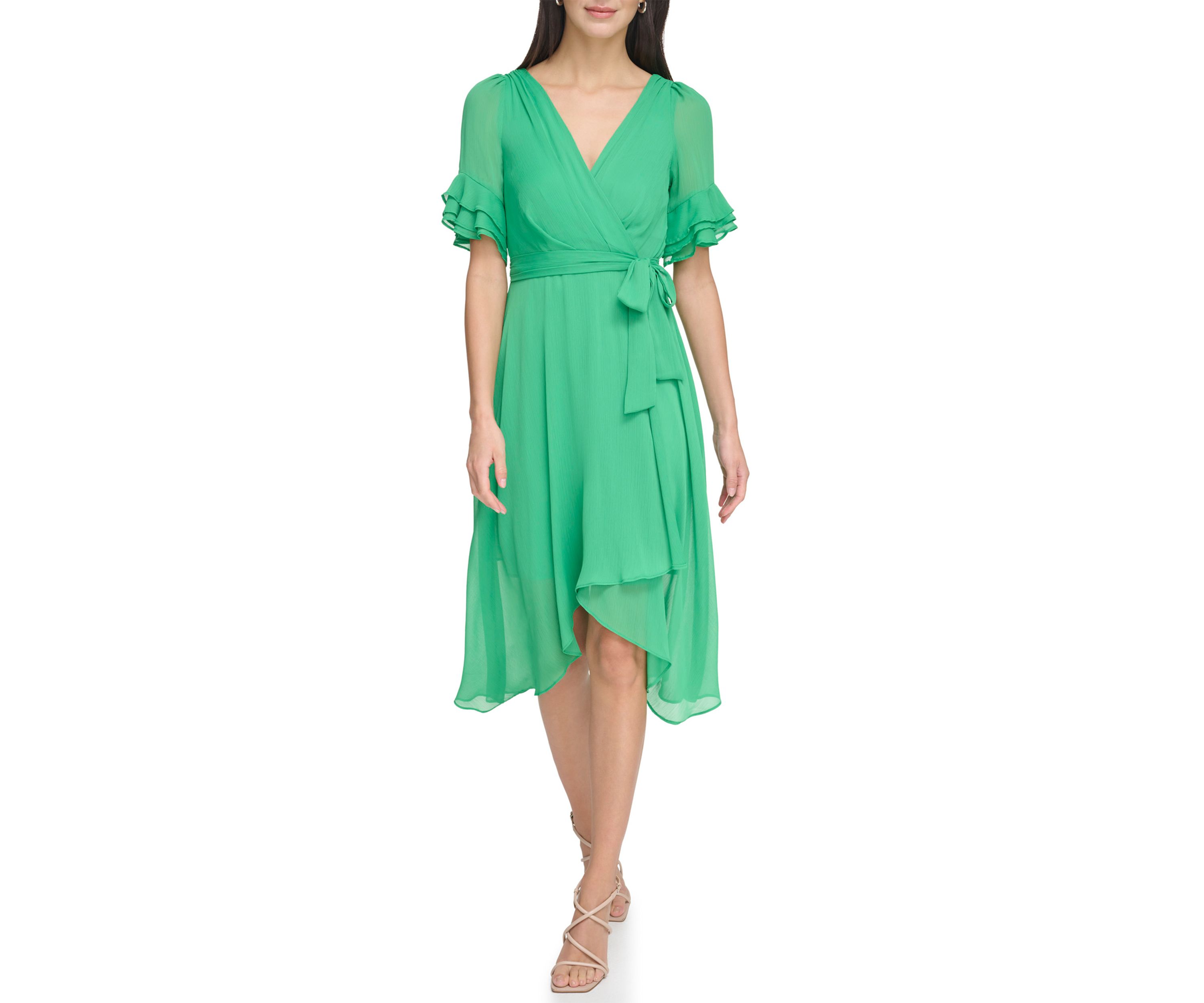 Womens Ruffle Detailed Tie Waist Solid Fit and Flare Dress