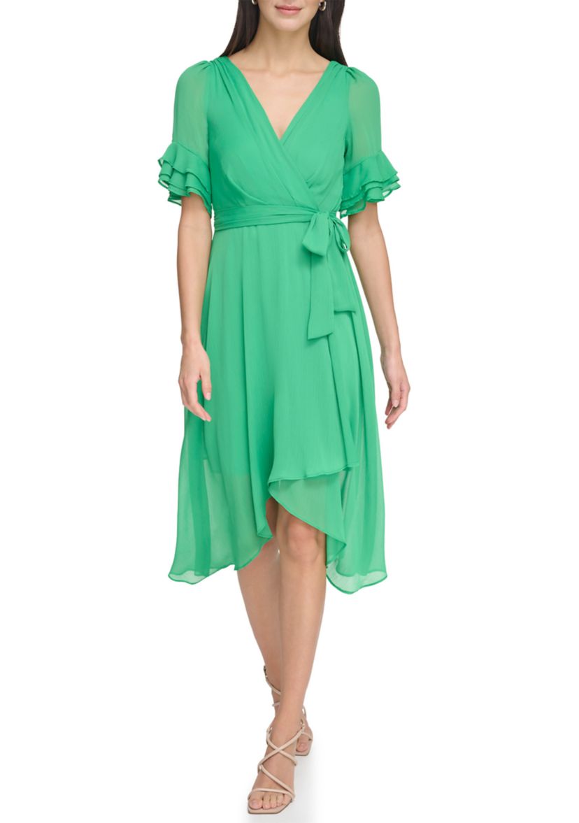Womens Ruffle Detailed Tie Waist Solid Fit and Flare Dress
