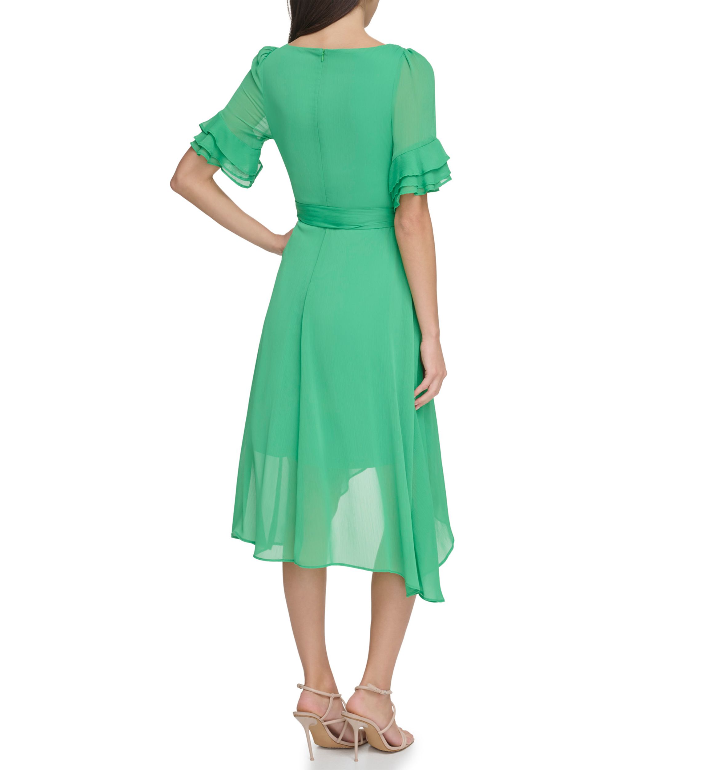 Womens Ruffle Detailed Tie Waist Solid Fit and Flare Dress