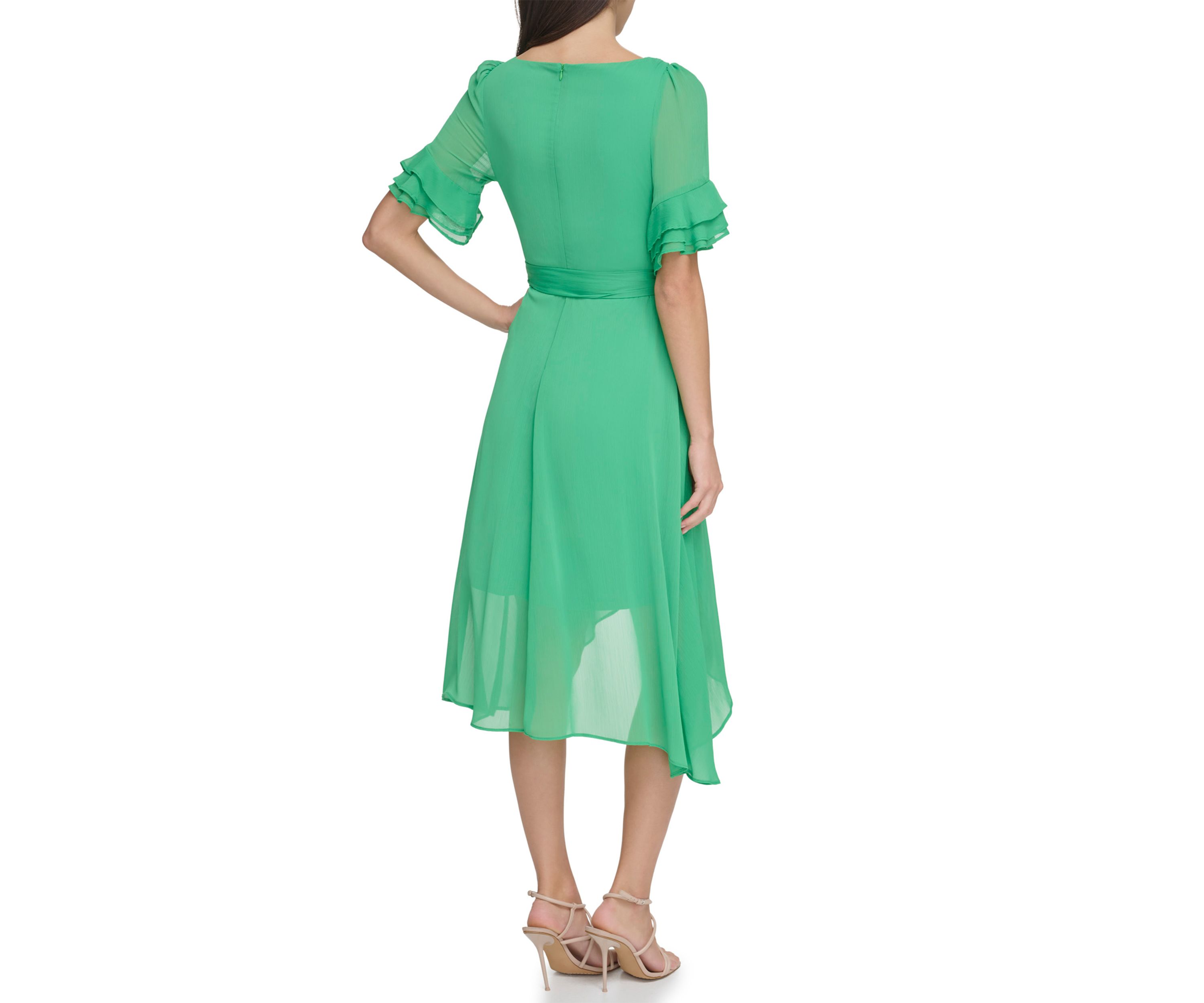 Womens Ruffle Detailed Tie Waist Solid Fit and Flare Dress