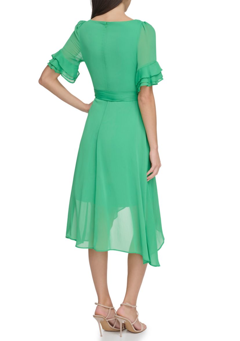 Womens Ruffle Detailed Tie Waist Solid Fit and Flare Dress