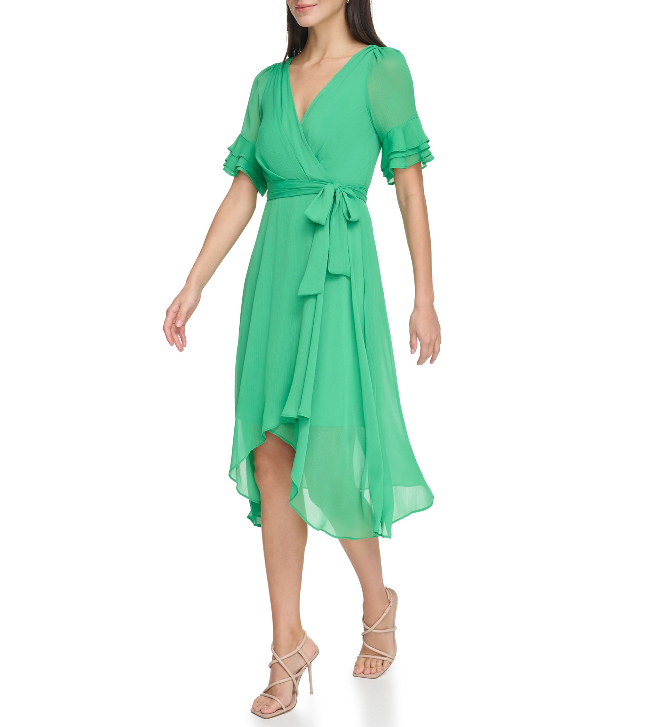 Womens Ruffle Detailed Tie Waist Solid Fit and Flare Dress