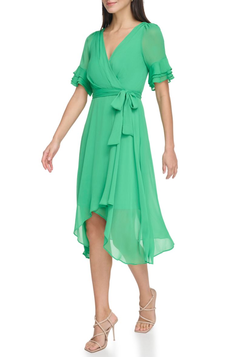 Womens Ruffle Detailed Tie Waist Solid Fit and Flare Dress