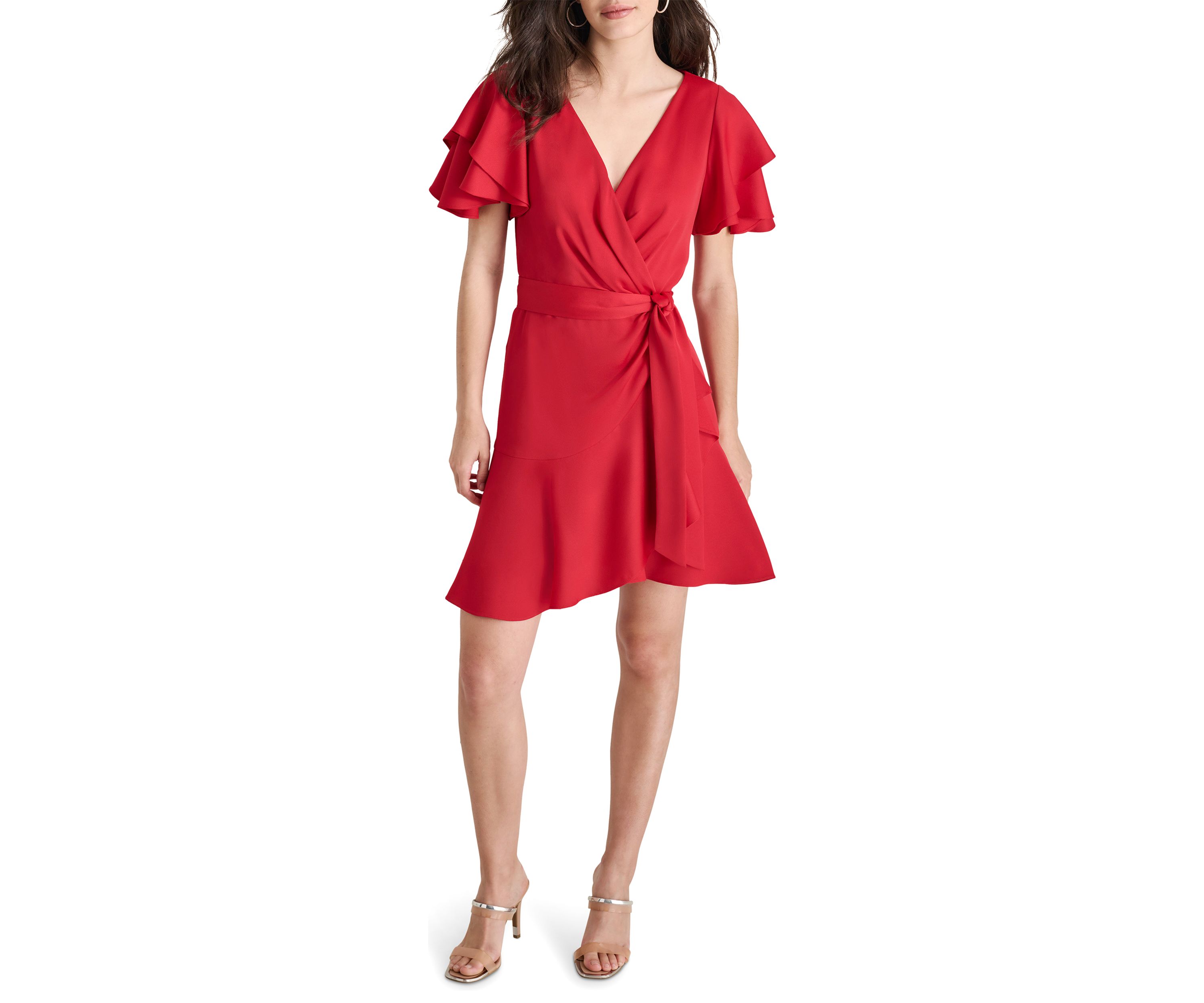 Womens Short Ruffle Sleeves V-Neck Belted Sheath Dress 