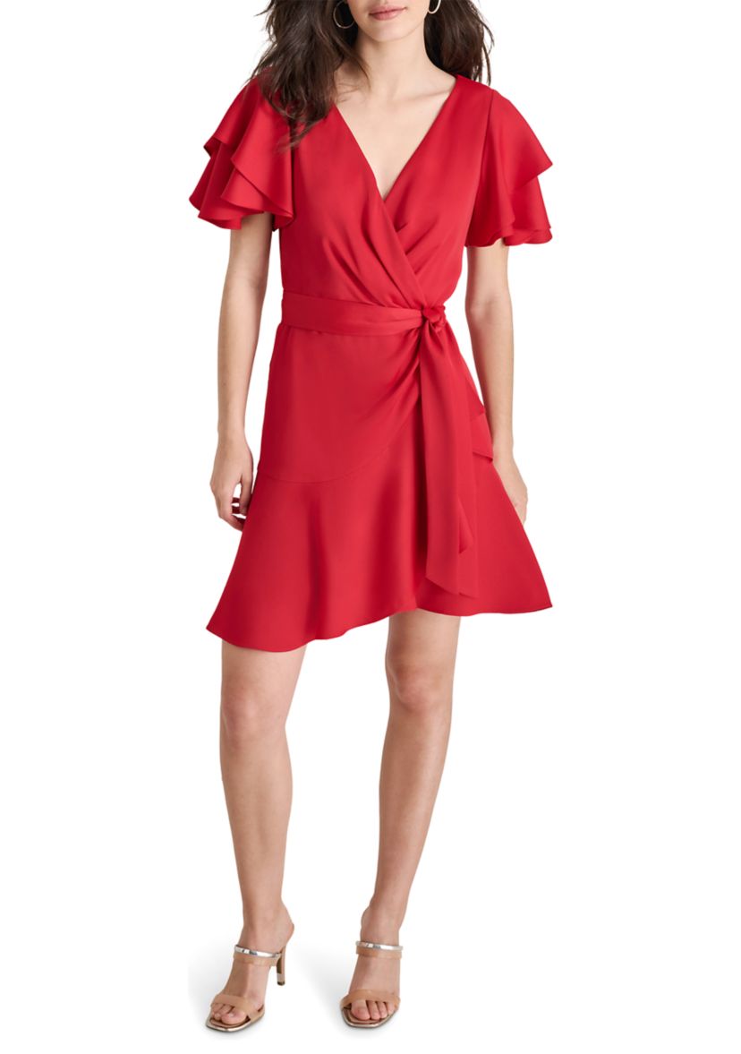 Womens Short Ruffle Sleeves V-Neck Belted Sheath Dress 