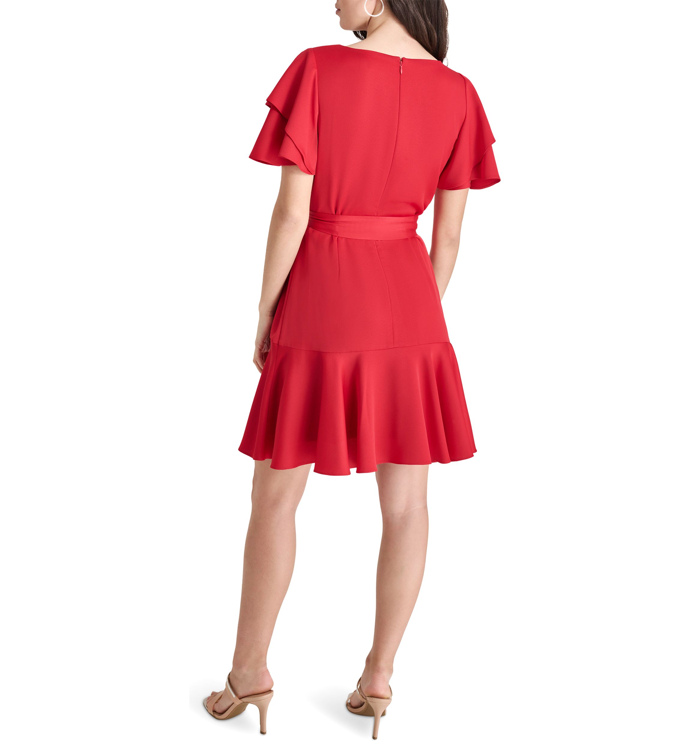 Womens Short Ruffle Sleeves V-Neck Belted Sheath Dress 