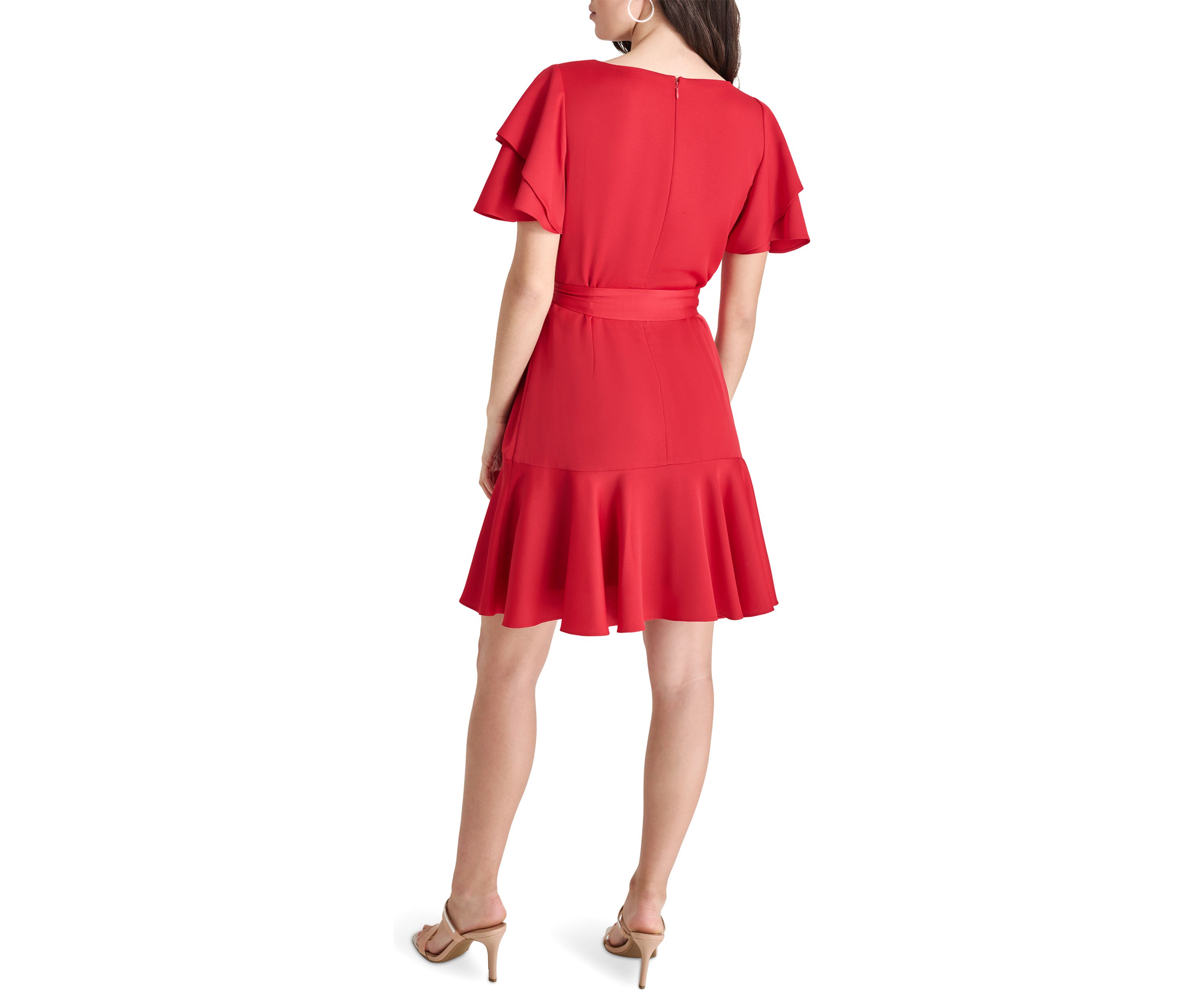 Womens Short Ruffle Sleeves V-Neck Belted Sheath Dress 
