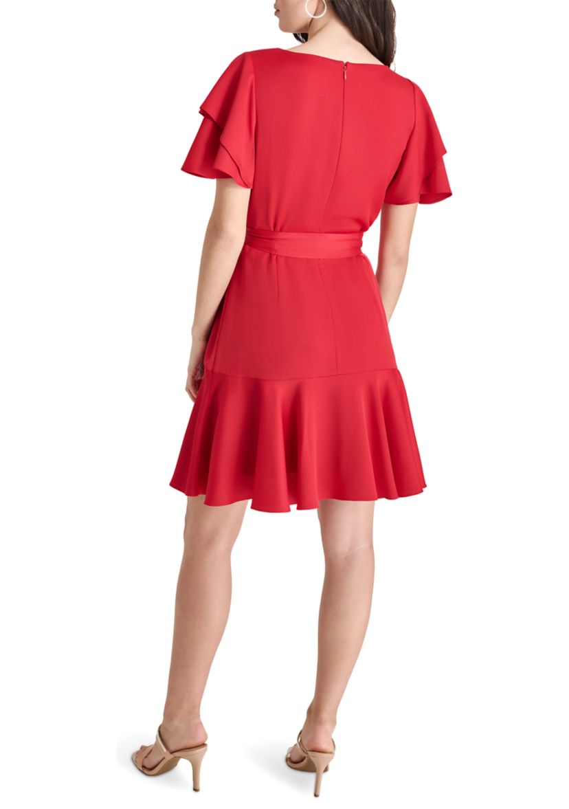 Womens Short Ruffle Sleeves V-Neck Belted Sheath Dress 