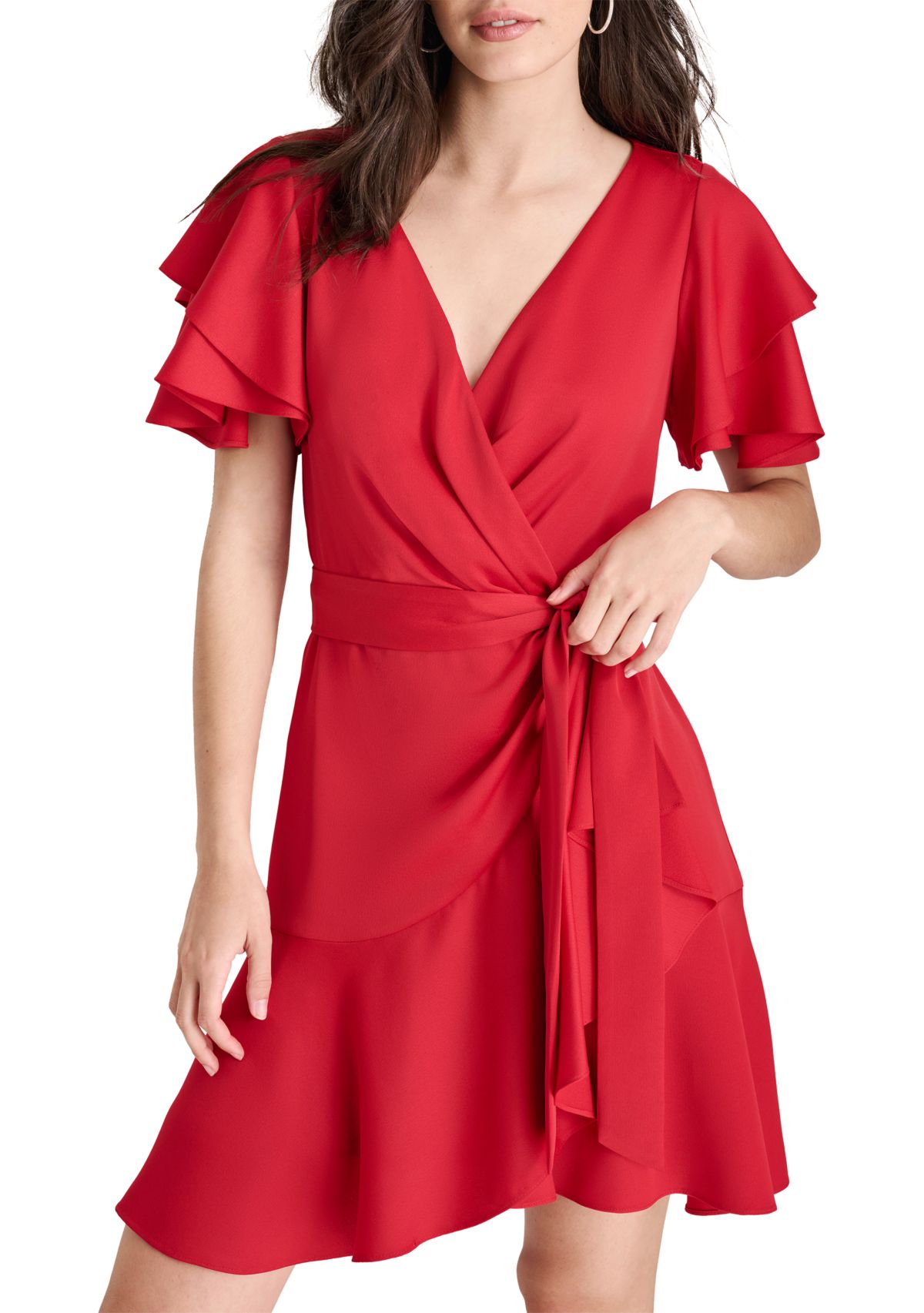 Womens Short Ruffle Sleeves V-Neck Belted Sheath Dress 