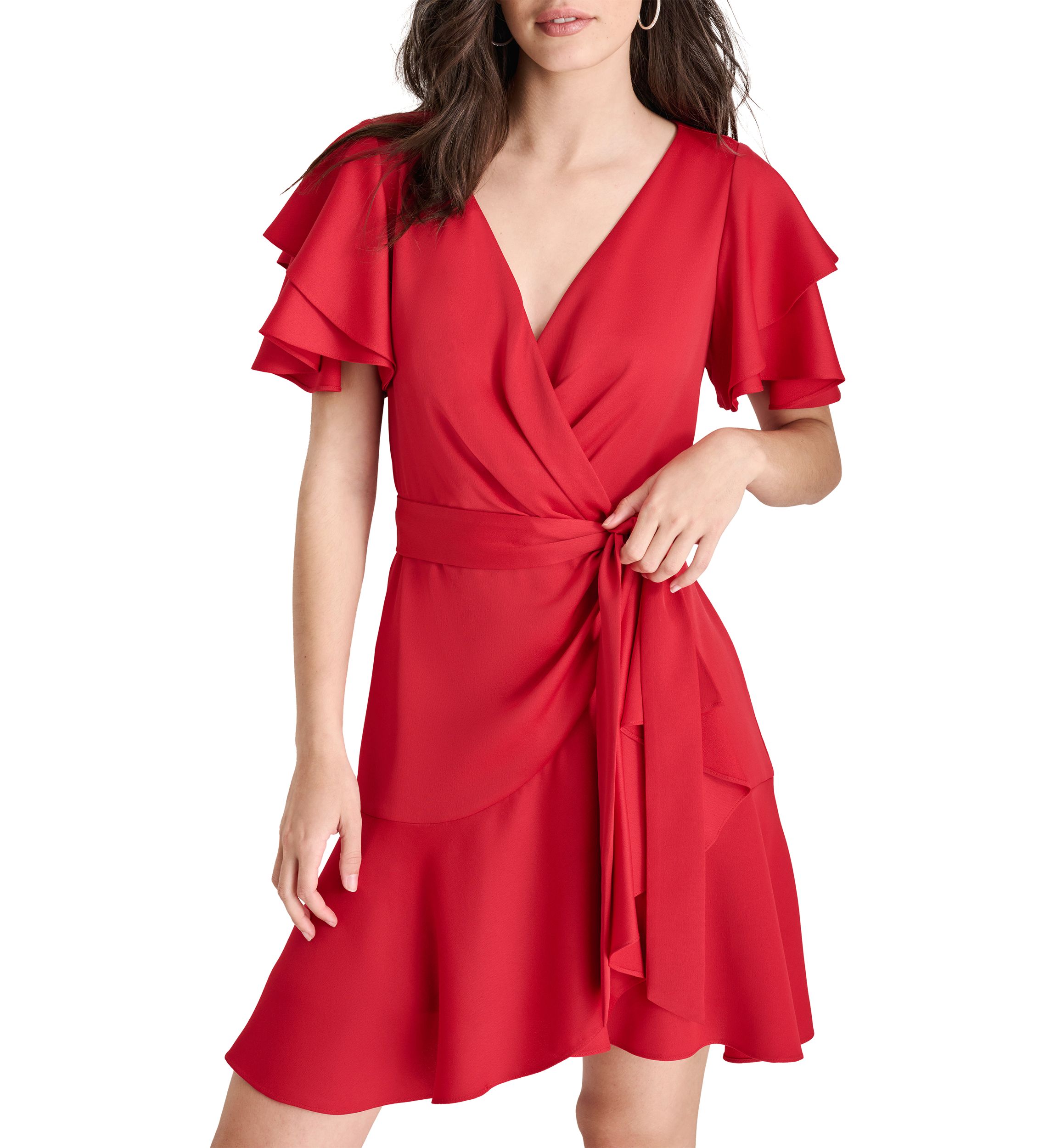 Womens Short Ruffle Sleeves V-Neck Belted Sheath Dress 