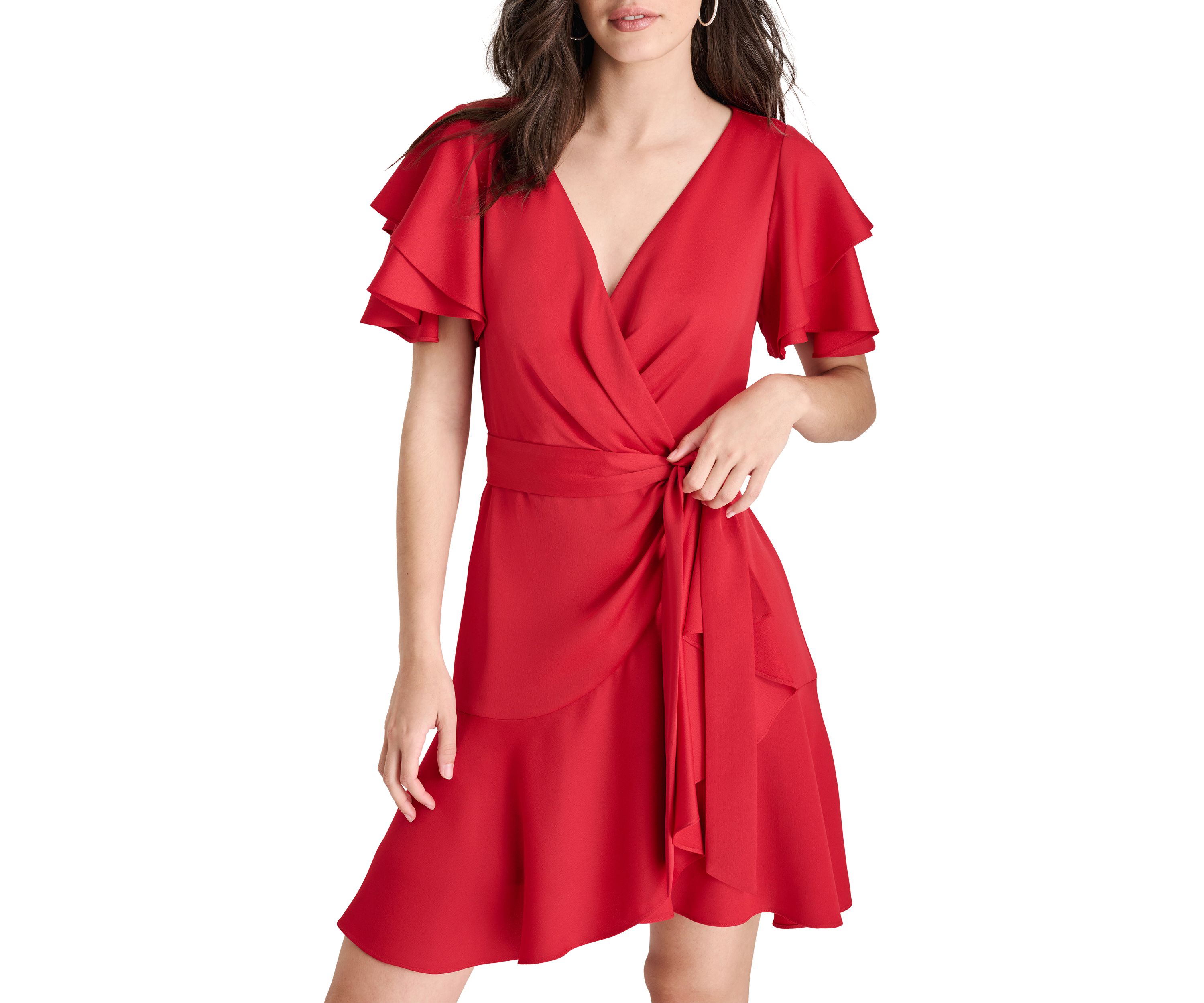 Womens Short Ruffle Sleeves V-Neck Belted Sheath Dress 