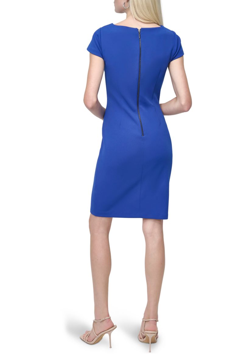Womens Short Sleeve Crew Neck Solid Side Ruch Sheath Dress
